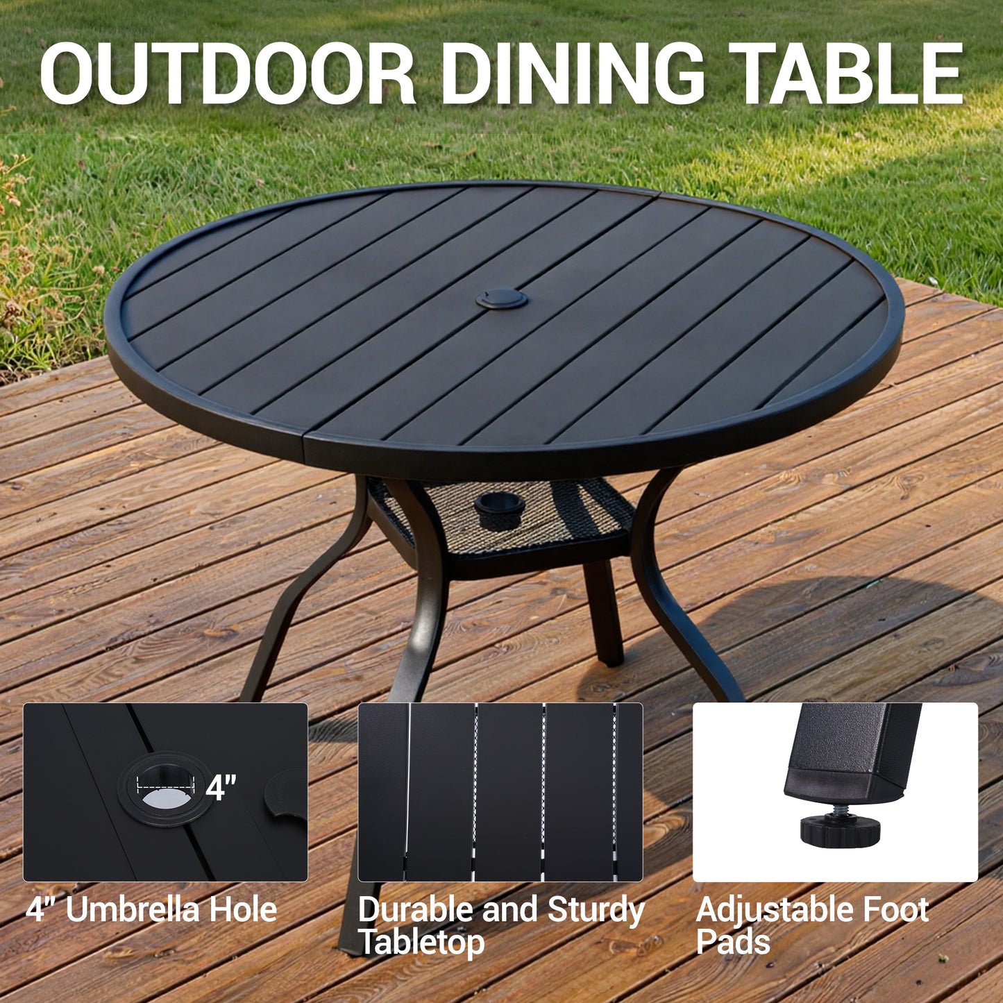 DELMANGO 41" Outdoor Dining Table for 4, Metal Round Patio Dining Table with Adjustable Umbrella Hole for Garden, Backyard and Porch, Black