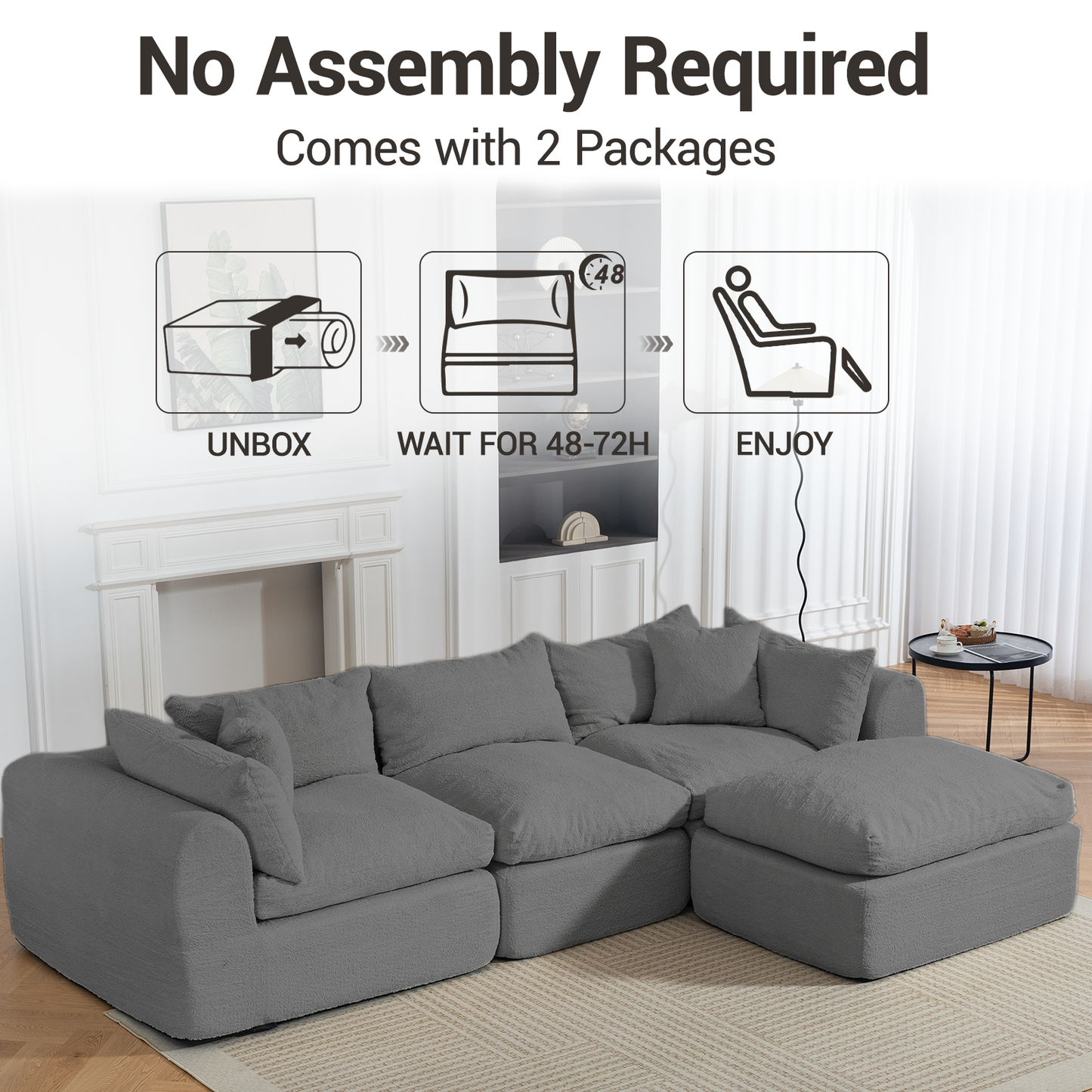 DELMANGO 113 Inch Modular L-Shape Cloud Velvet Sectional Couch, Boneless Convertible Sofa Set with Ottoman, No Assembly, Grey