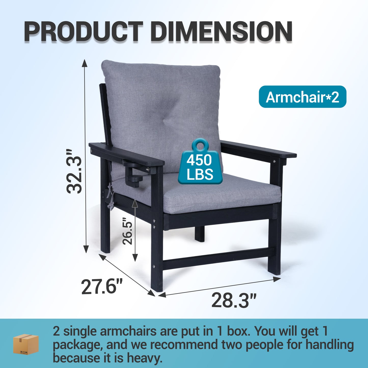 DELMANGO 2-Piece Outdoor Patio Chairs Set with Removable Washable Cushions and Cup Holder, Wide Armrests & All-Weather Metal Frame for Garden, Balcony, Backyard Black