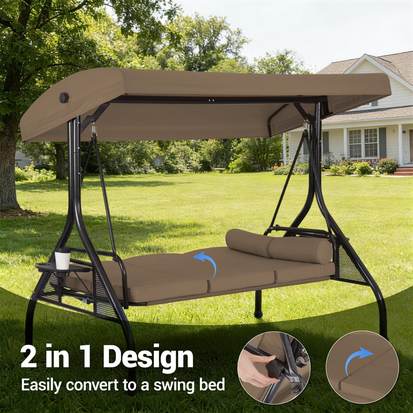 DELMANGO 3-Seat Outdoor Porch Swing with Adjustable Canopy, 2 in 1 Convertible Patio Swing Bed, Patio Glider Swing for Backyard, Brown