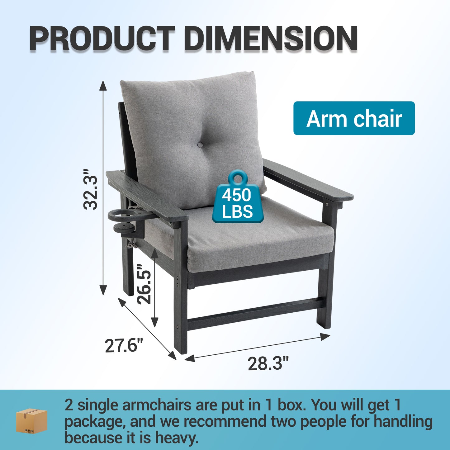 DELMANGO 2-Piece Outdoor Patio Chairs Set with Removable Washable Cushions and Cup Holder, Wide Armrests & All-Weather Metal Frame for Garden, Balcony, Backyard Gray