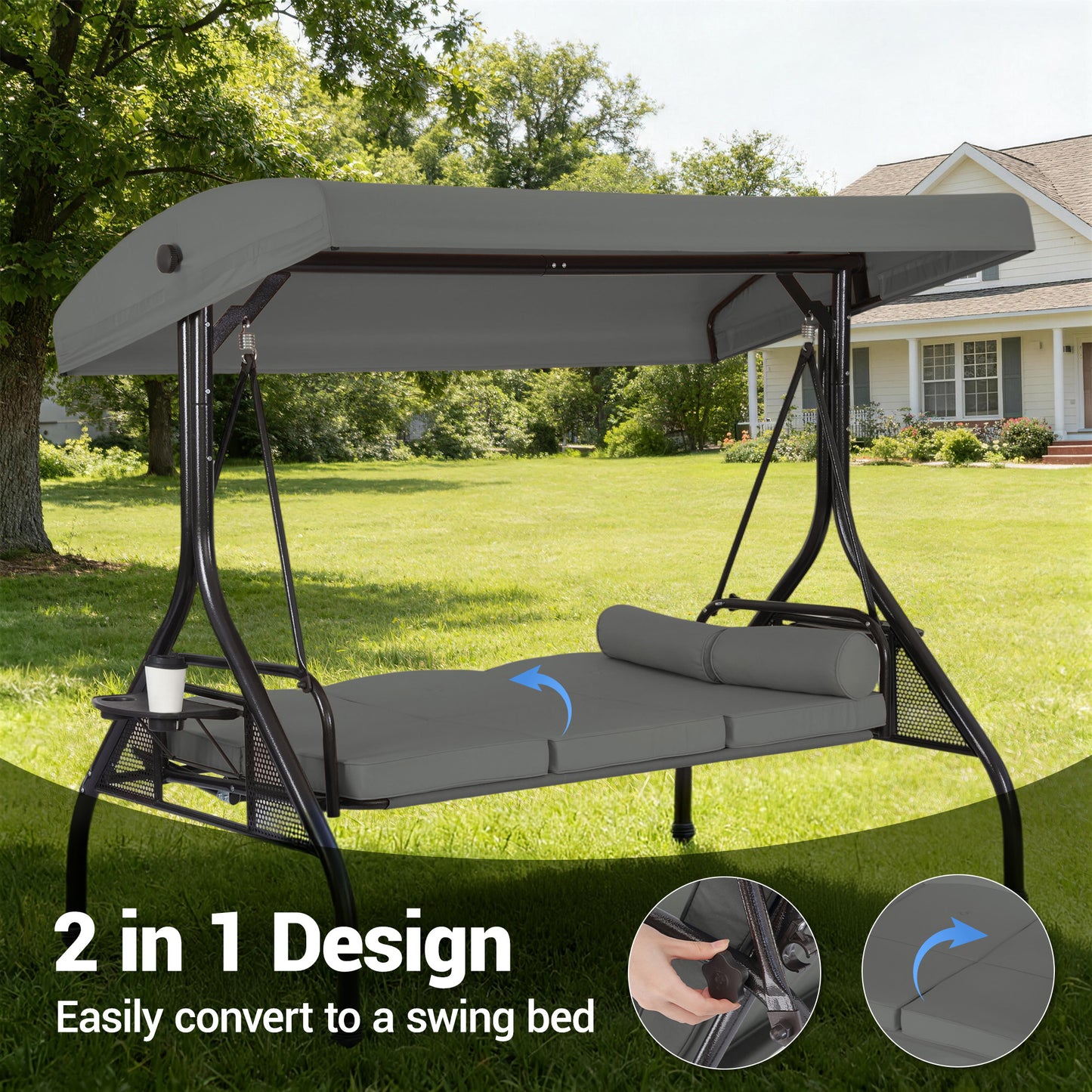 DELMANGO 3-Seat Outdoor Porch Swing with Adjustable Canopy, 2 in 1 Convertible Patio Swing Bed, Patio Glider Swing for Backyard, Gray