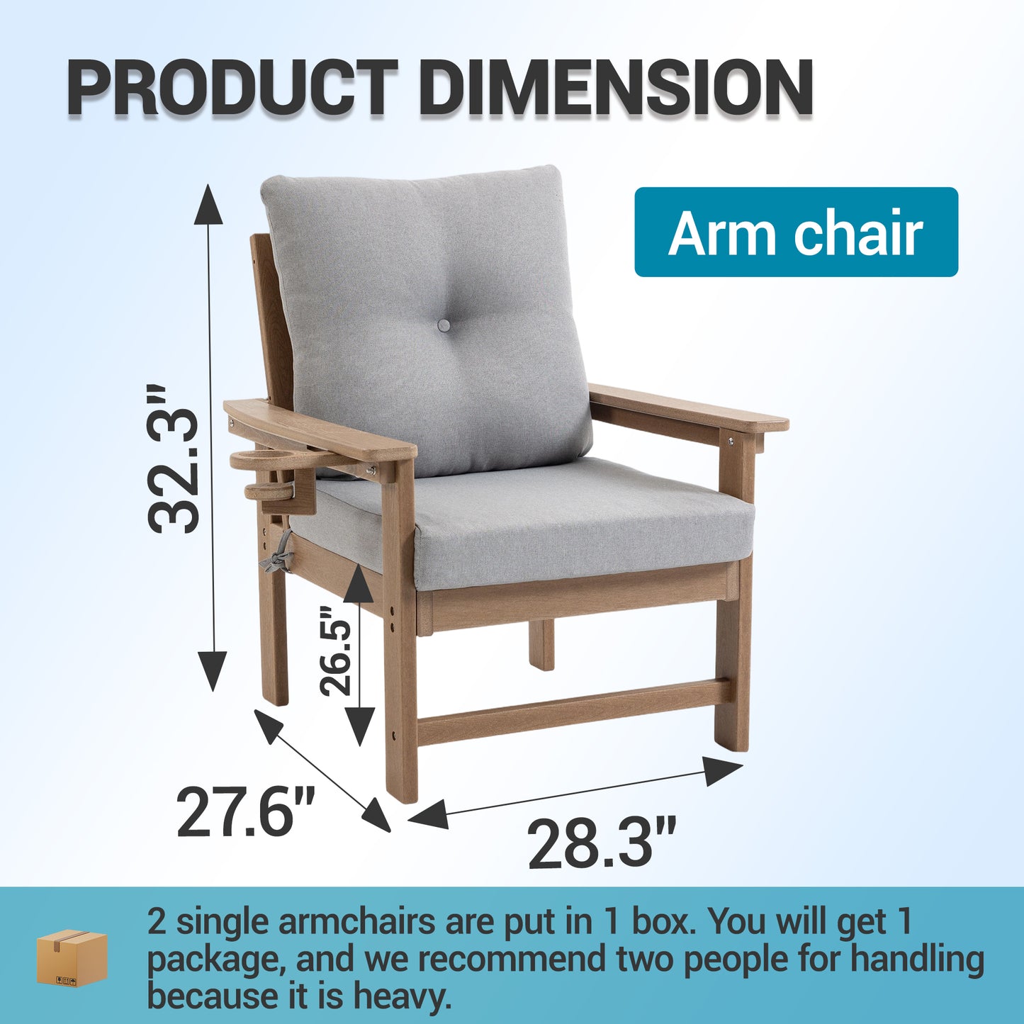 DELMANGO 2-Piece Outdoor Patio Chairs Set with Removable Washable Cushions and Cup Holder, Wide Armrests & All-Weather Metal Frame for Garden, Balcony, Backyard Brown