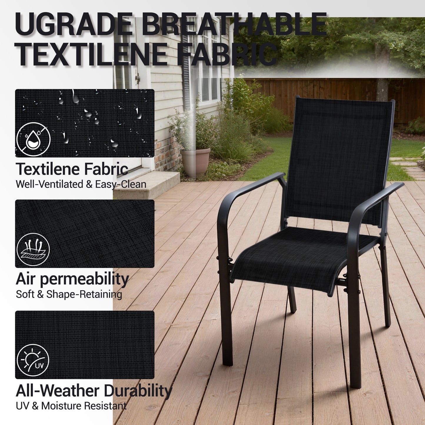 DELMANGO Patio Chairs Set of 4, Outdoor Dining Chairs High Back, All-Weather Padded Textilene Dining Chair for Lawn Porch Garden, Black(Set of 4)