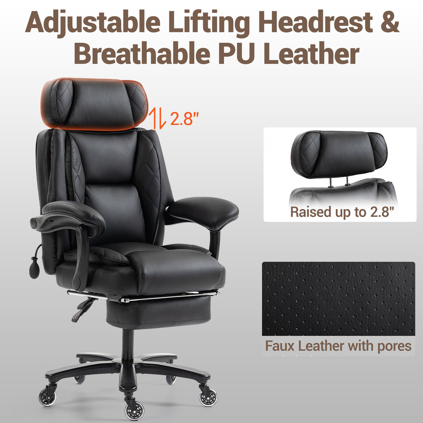 DELMANGO Big and Tall Office Chair, Heavy Duty Executive Office Desk Chair with Footrest, Waist Lumber Support, Adjustable Headrest, Black