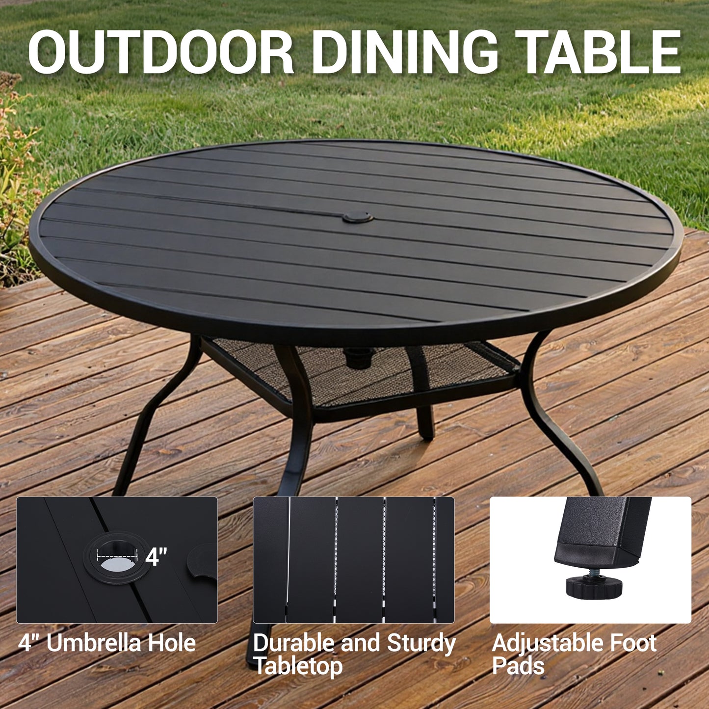 DELMANGO 55" Outdoor Dining Table for 6-8, Metal Round Patio Dining Table with Adjustable Umbrella Hole for Garden, Backyard and Porch, Black