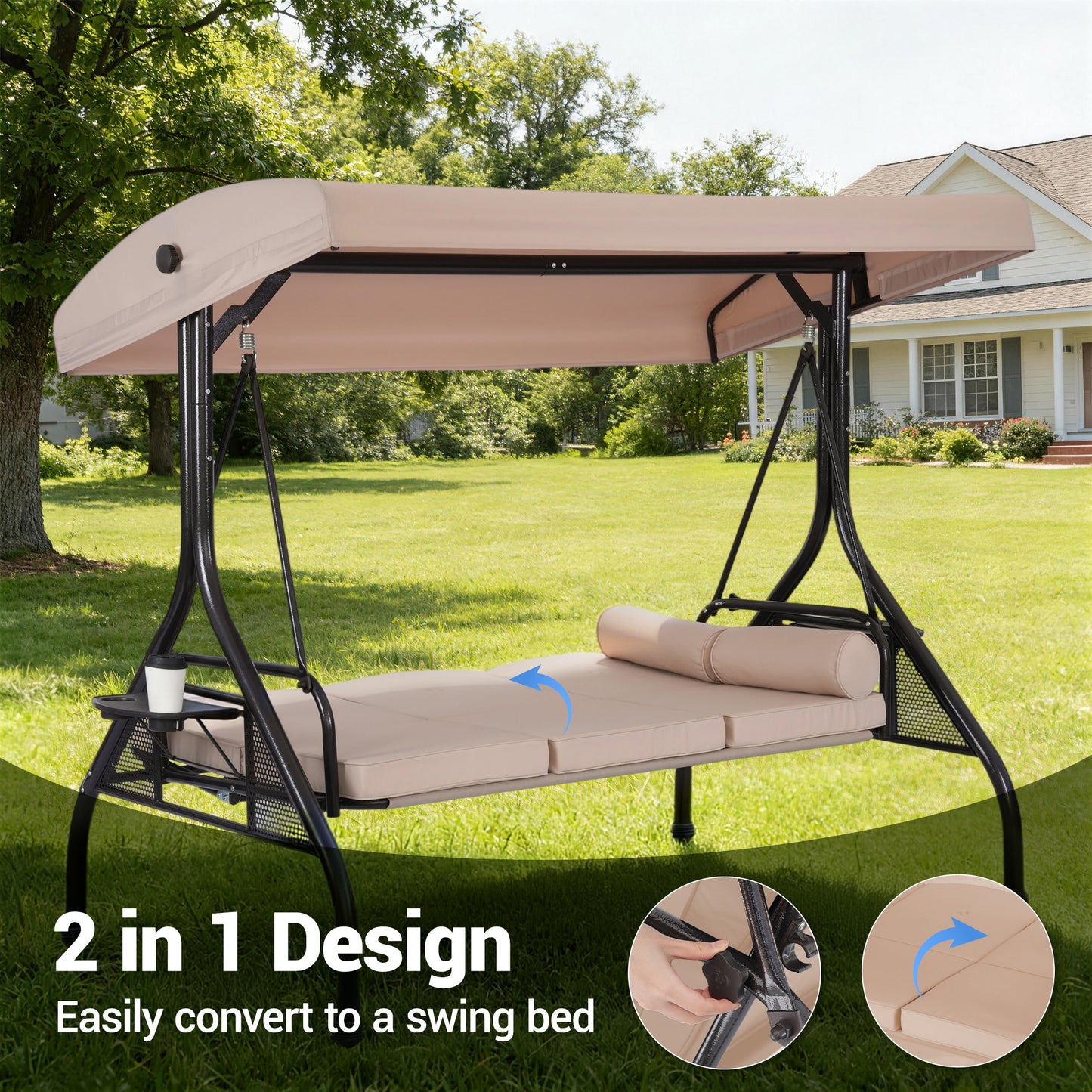 DELMANGO 3-Seat Outdoor Porch Swing with Adjustable Canopy, 2 in 1 Convertible Patio Swing Bed, Patio Glider Swing for Backyard, Beige