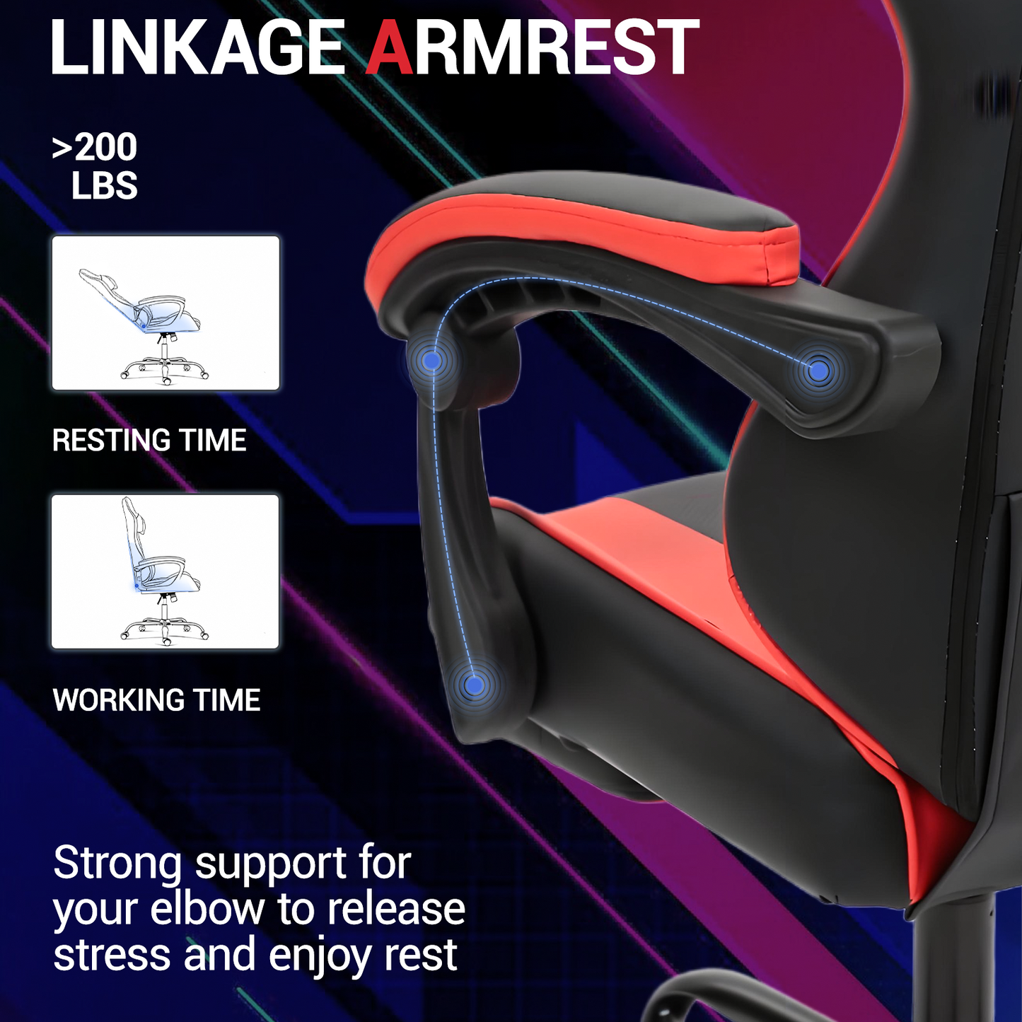 DELMANGO Ergonomic Reclining Gaming Chair with Linkage Armrests & Footrest, Racing Style Office Chair, PU Leather Computer Desk Chair, Red
