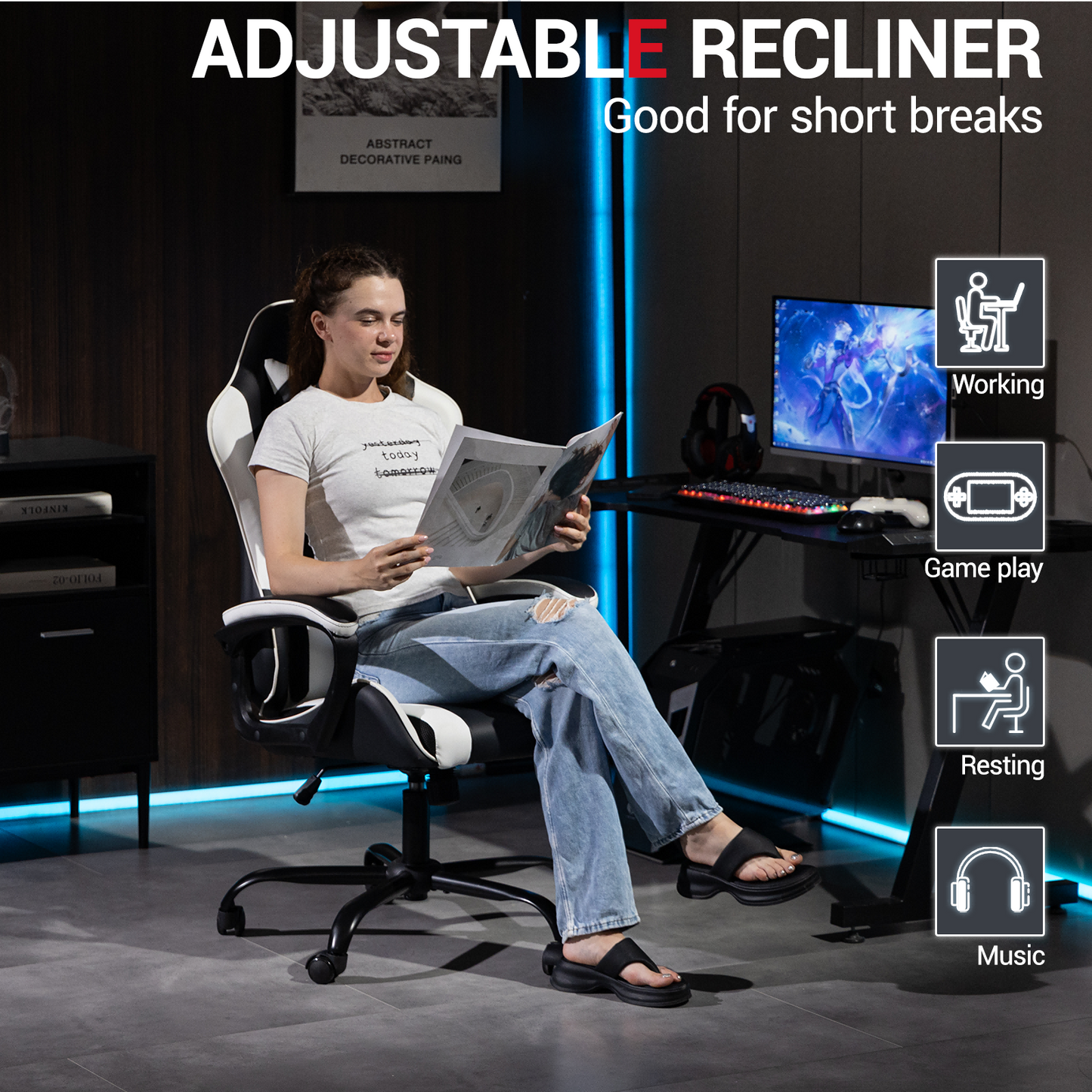 DELMANGO Ergonomic Gaming Chair, Racing Style Office Computer Desk Chair, Swivel PU Leather PC Gamer Chair, White