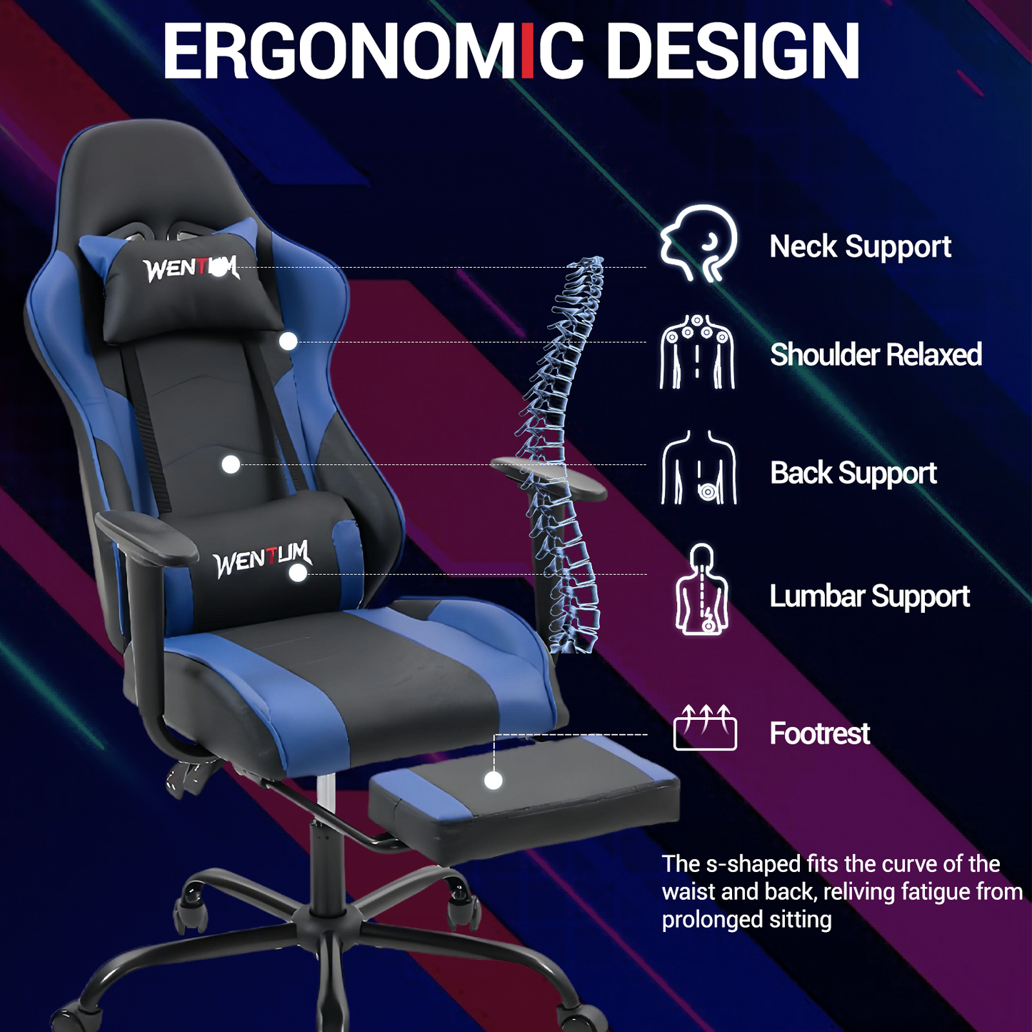 DELMANGO Massage Gaming Chair with Recline and Footrest, Racing Style PU Leather Office Desk Chair with Head Pillow for Adults, Blue