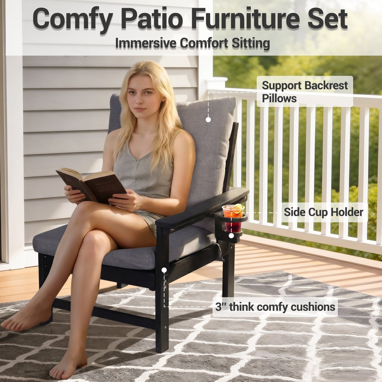 DELMANGO Patio Furniture Sets,7 Pieces Outdoor Conversation Set with Removable Washable Cushion,Wood Tepoy and Table Gray