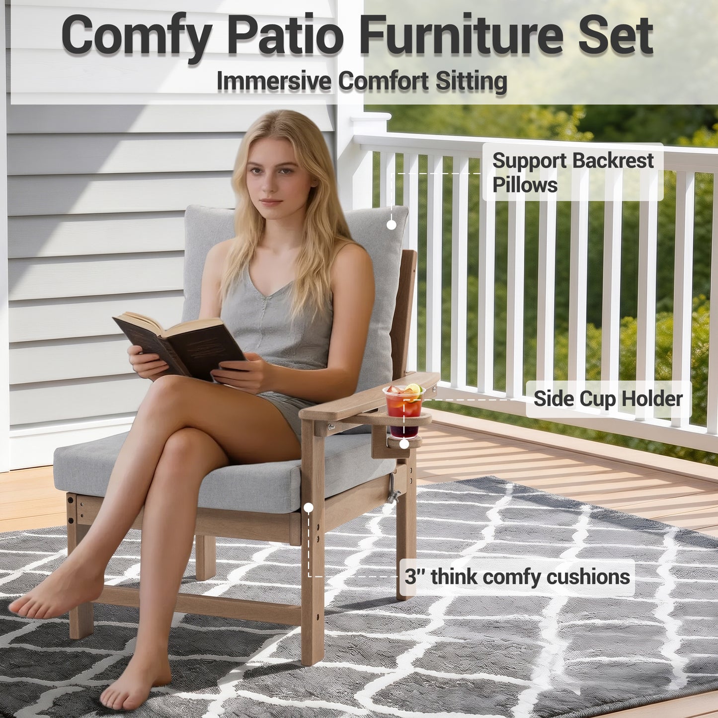 DELMANGO Patio Furniture Sets,7 Pieces Outdoor Conversation Set with Removable Washable Cushion,Wood Tepoy and Table Brown