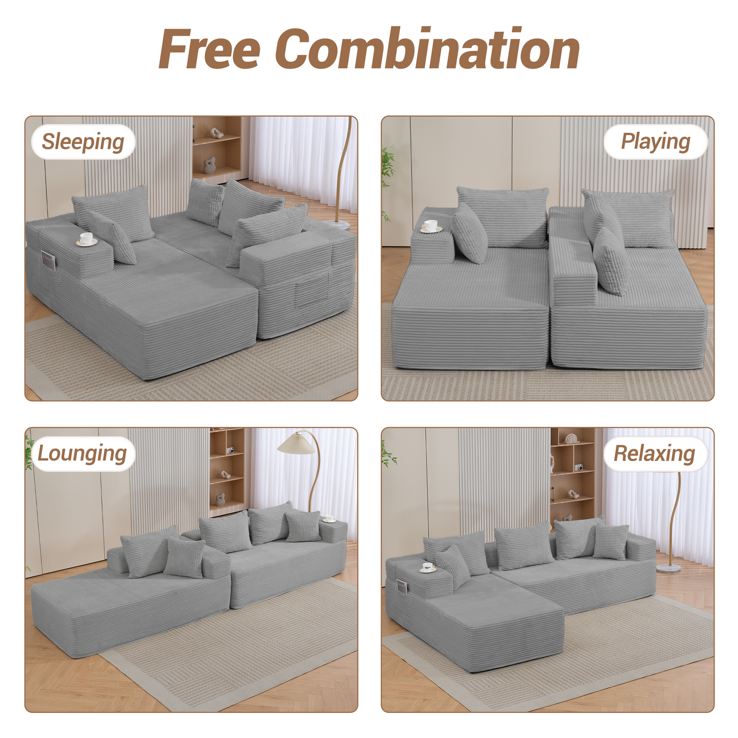 DELMANGO Modular Sectional Sofa with L-Shape Chaise, Corduroy Boneless Couch Set for Living Room, No Assembly Required, Grey
