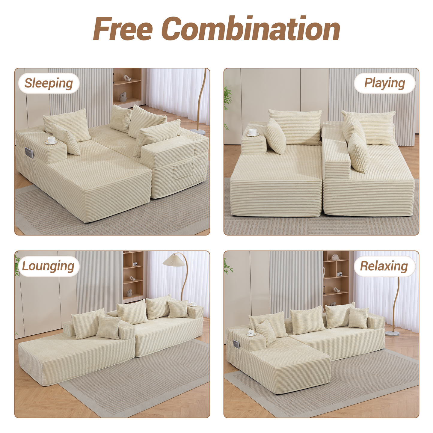 DELMANGO Modular Sectional Sofa with L-Shape Chaise, Corduroy Boneless Couch Set for Living Room, No Assembly Required, Beige