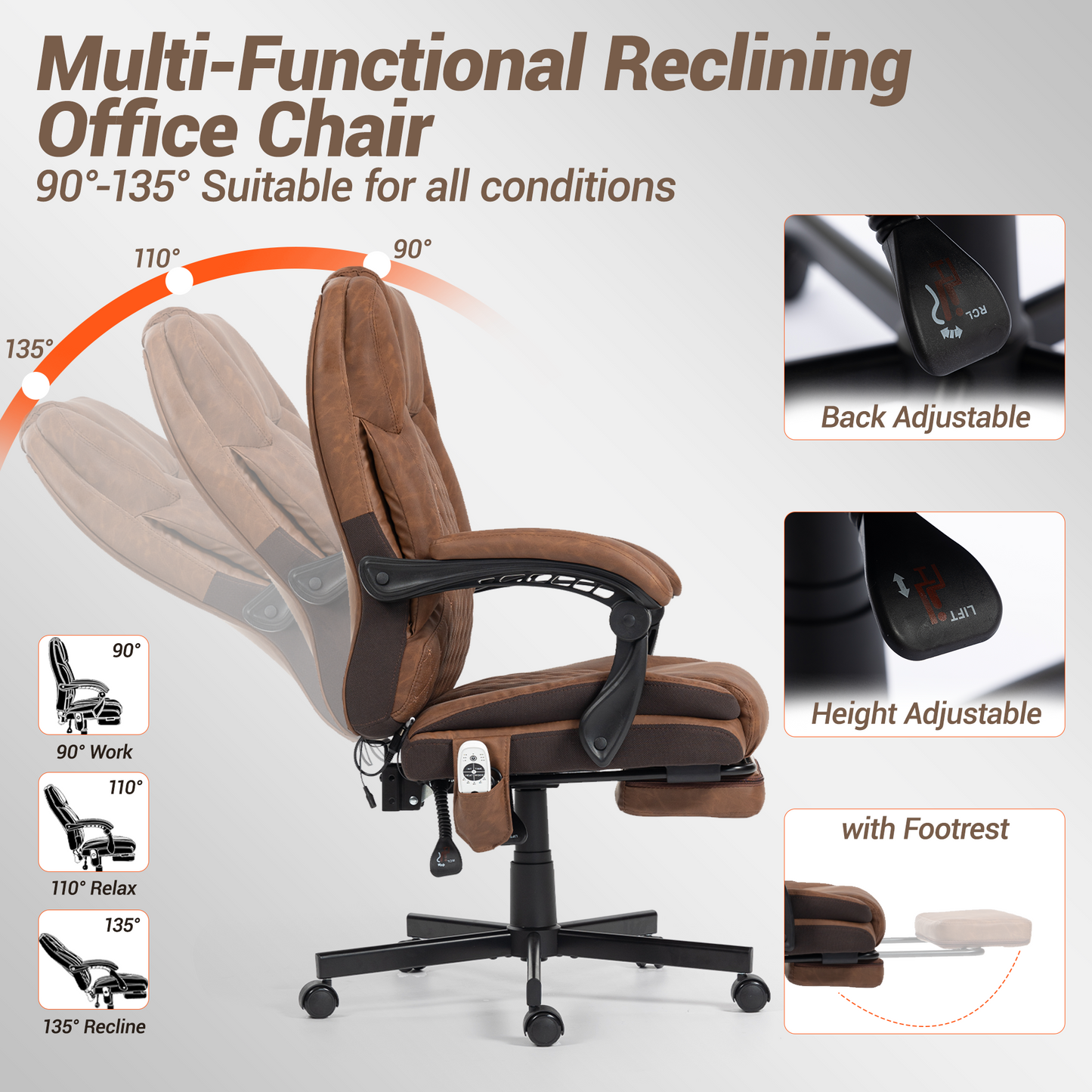 DELMANGO Massage Office Chair with Footrest, 6-Point Vibration Heating Executive Desk Chair, Ergonomic Home Office Chair, Brown