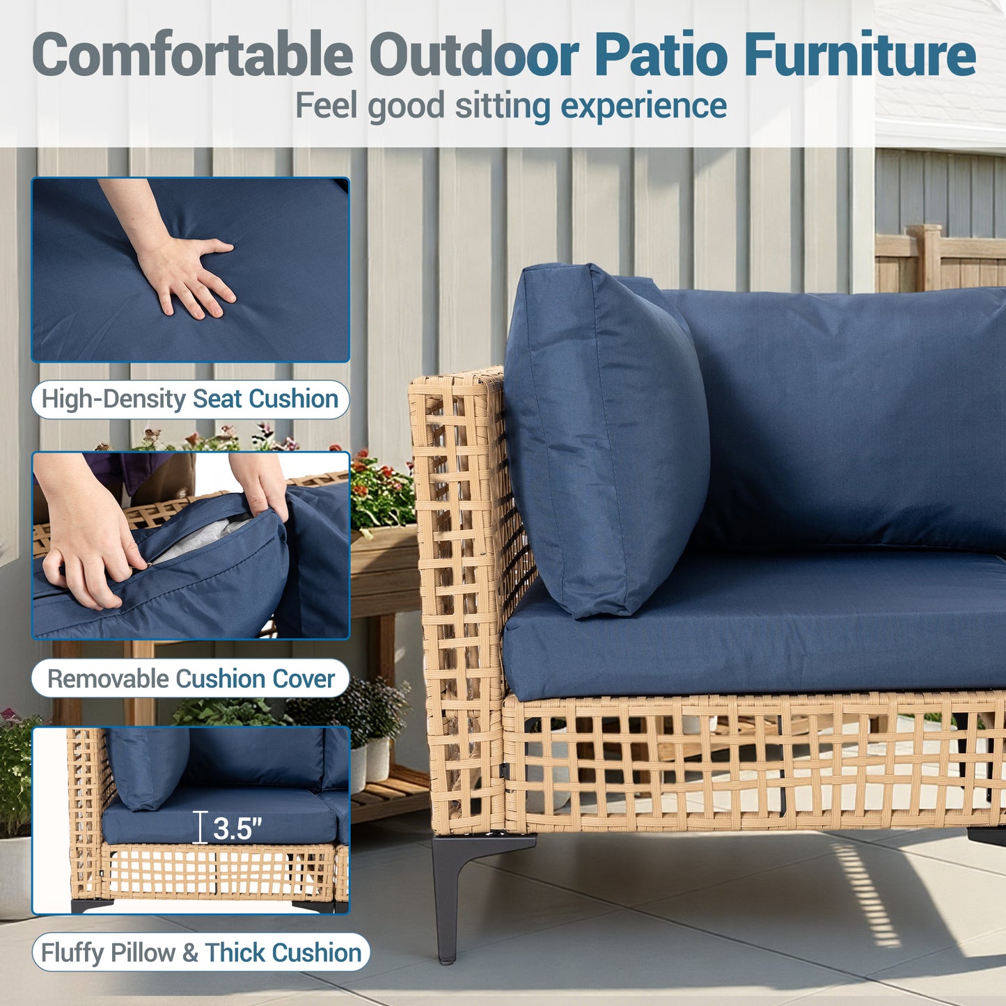 Delmango 7 Pieces Patio Furniture Set Boho Wicker Rattan Outdoor Sectional Sofa Set with Cushions & Table for Lawn, Backyard, Porch, Backyard, Porch, Blue