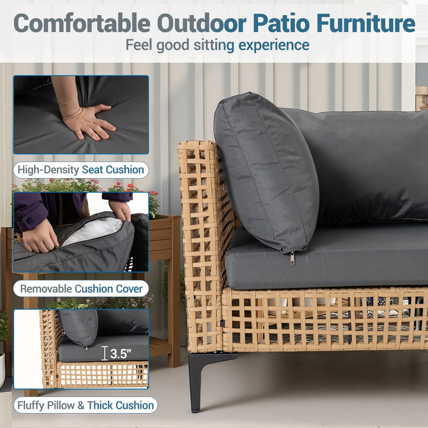 Delmango 7 Pieces Patio Furniture Set Boho Wicker Rattan Outdoor Sectional Sofa Set with Cushions & Table for Lawn, Backyard, Porch, Backyard, Porch, Gray