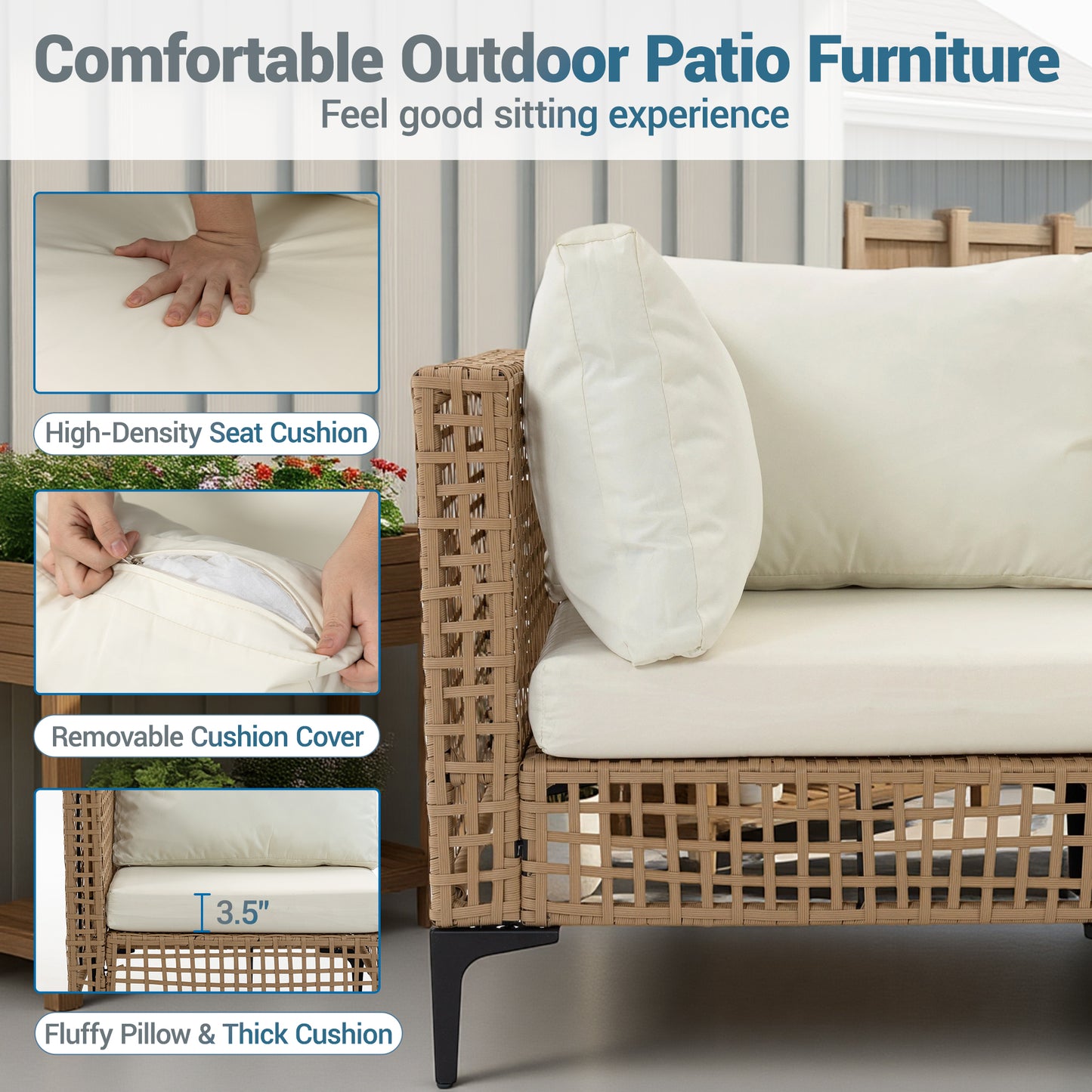 Delmango 7 Pieces Patio Furniture Set Boho Wicker Rattan Outdoor Sectional Sofa Set with Cushions & Table for Lawn, Backyard, Porch, Backyard, Porch, Beige