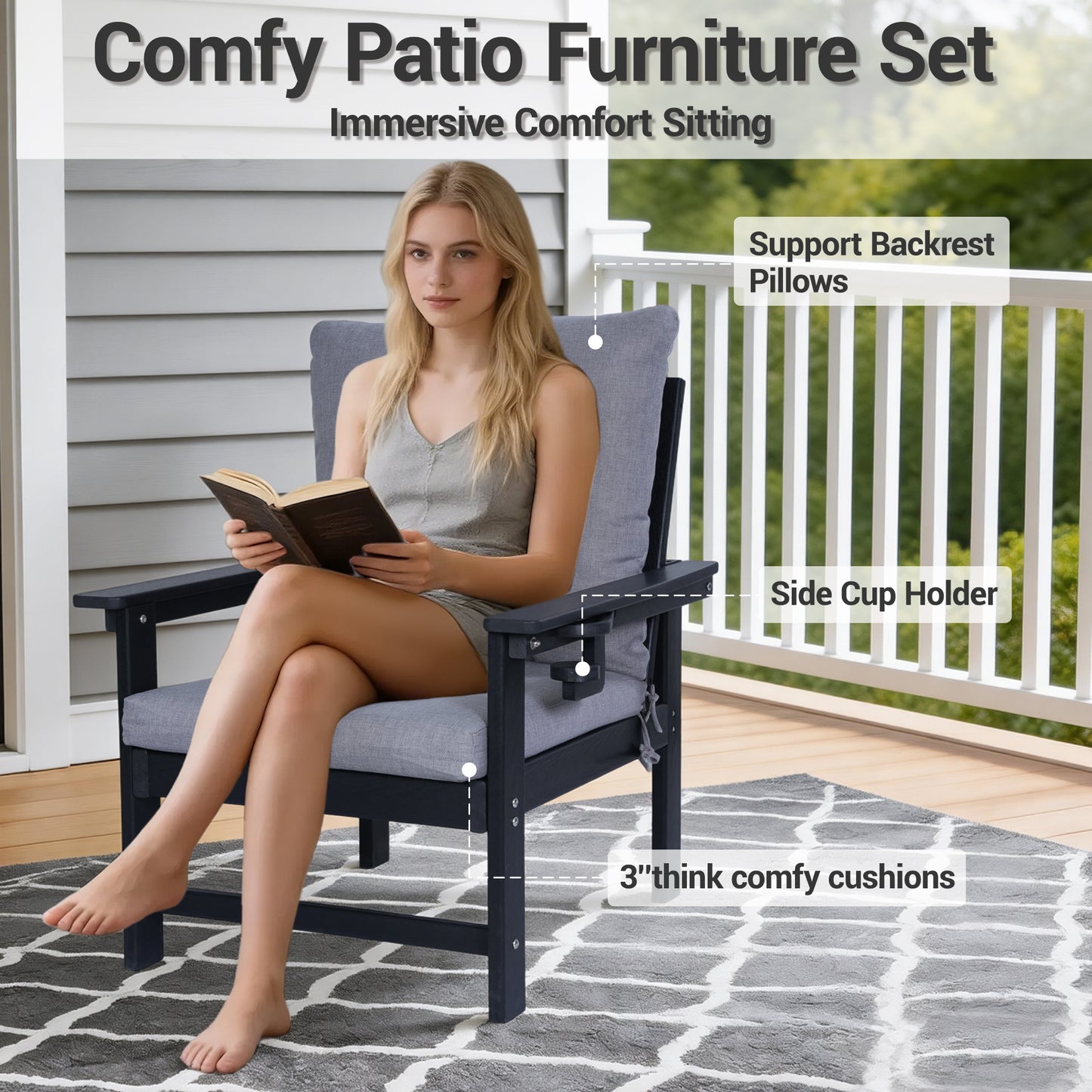 DELMANGO Patio Furniture Sets,7 Pieces Outdoor Conversation Set with Removable Washable Cushion,Wood Tepoy and Table Black
