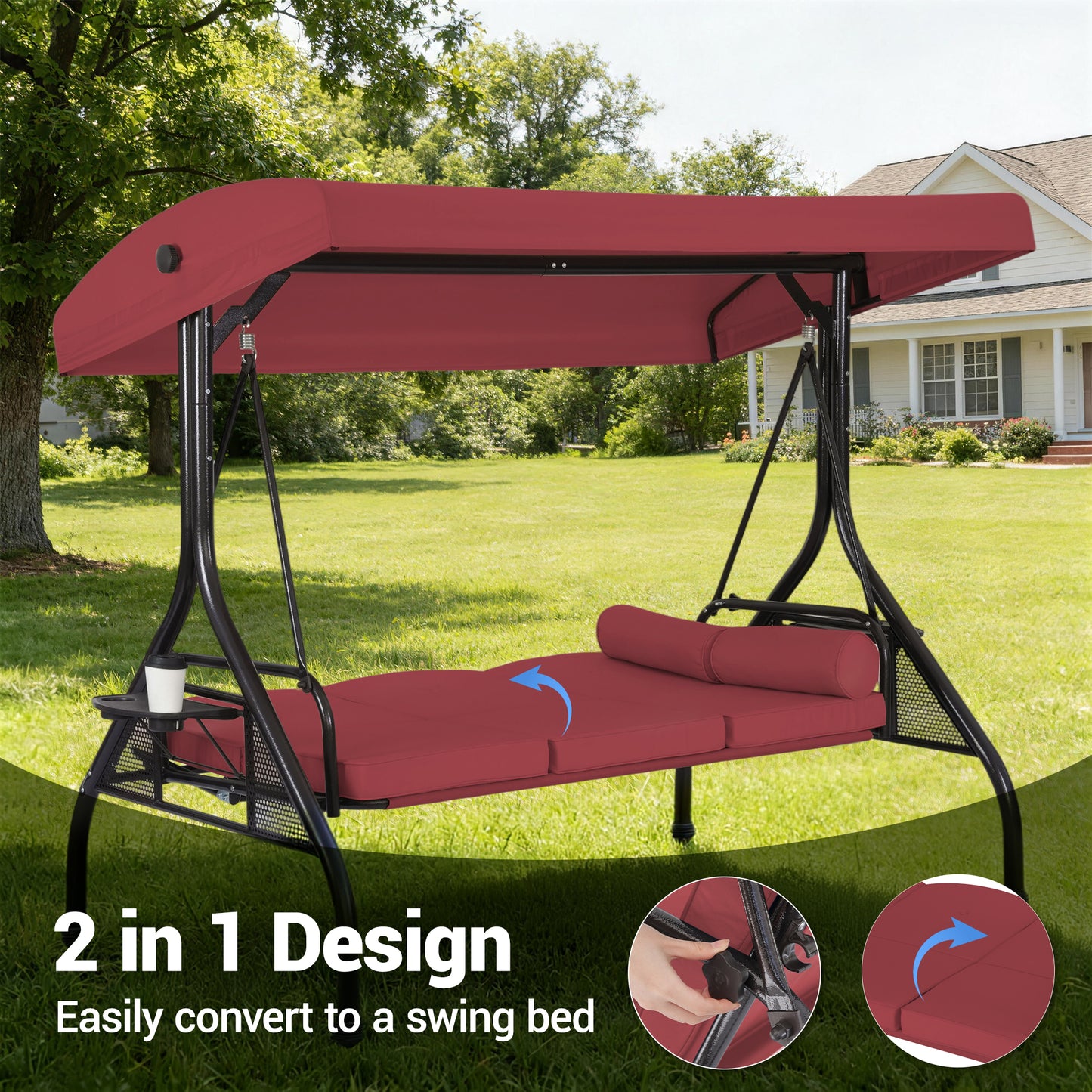 DELMANGO 3-Seat Outdoor Porch Swing with Adjustable Canopy, 2 in 1 Convertible Patio Swing Bed, Patio Glider Swing for Backyard, Red