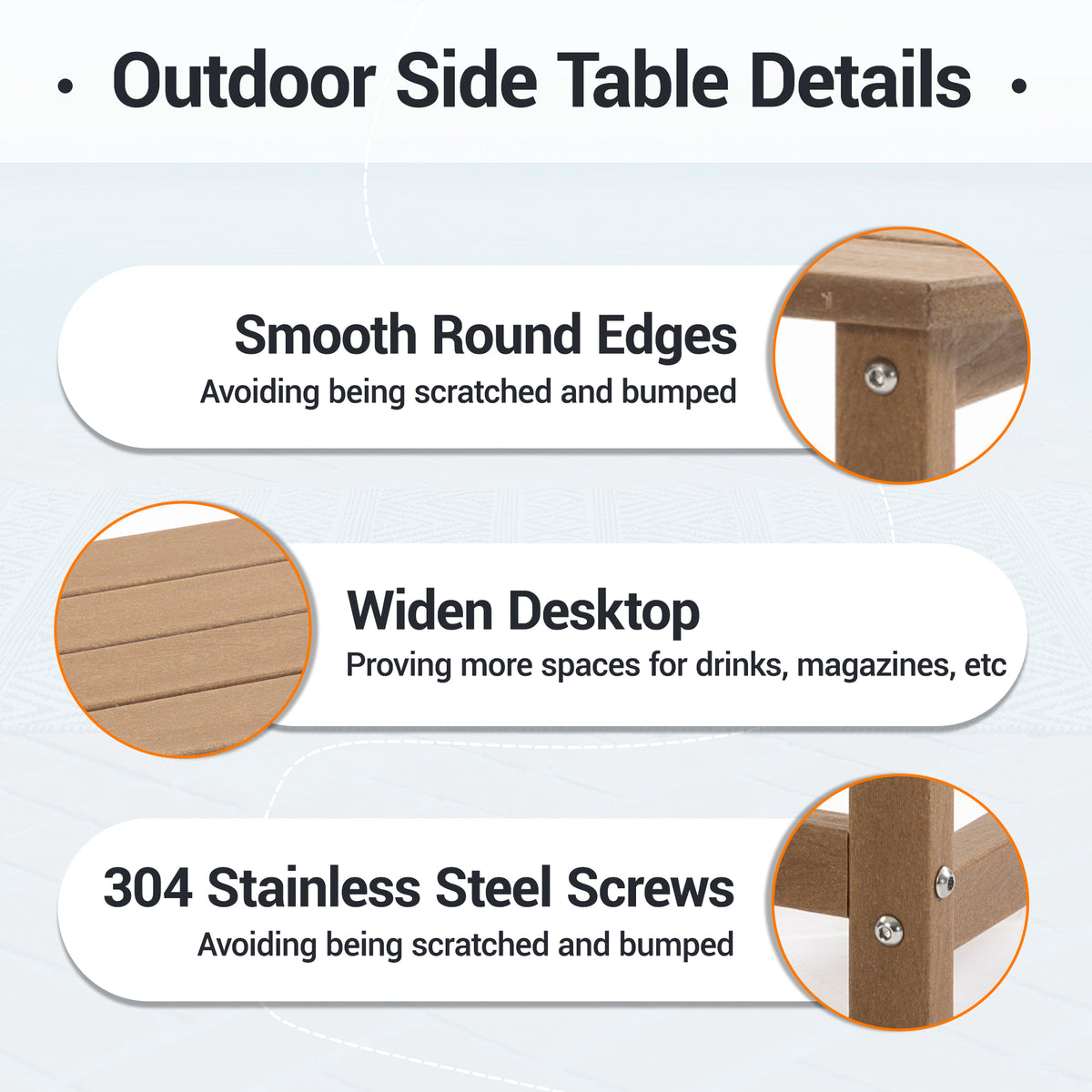 DELMANGO HDPE Outdoor Side Table - All Weather Performance Patio Side Table, Waterproof Small Outdoor End Table for Patio, Garden, Lawn, Pool, Balcony, Living Room Brown