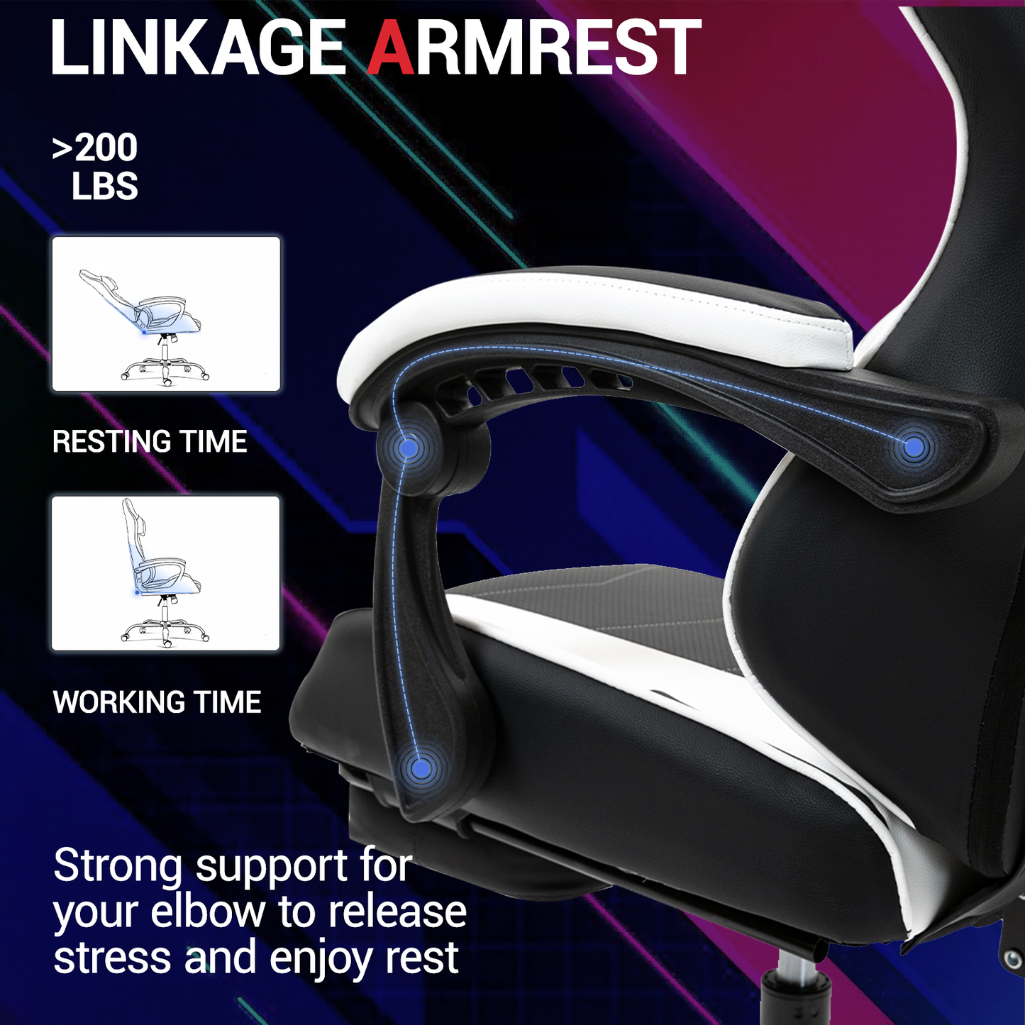 DELMANGO Ergonomic Reclining Gaming Chair with Linkage Armrests & Footrest, Racing Style Office Chair, PU Leather Computer Desk Chair, White