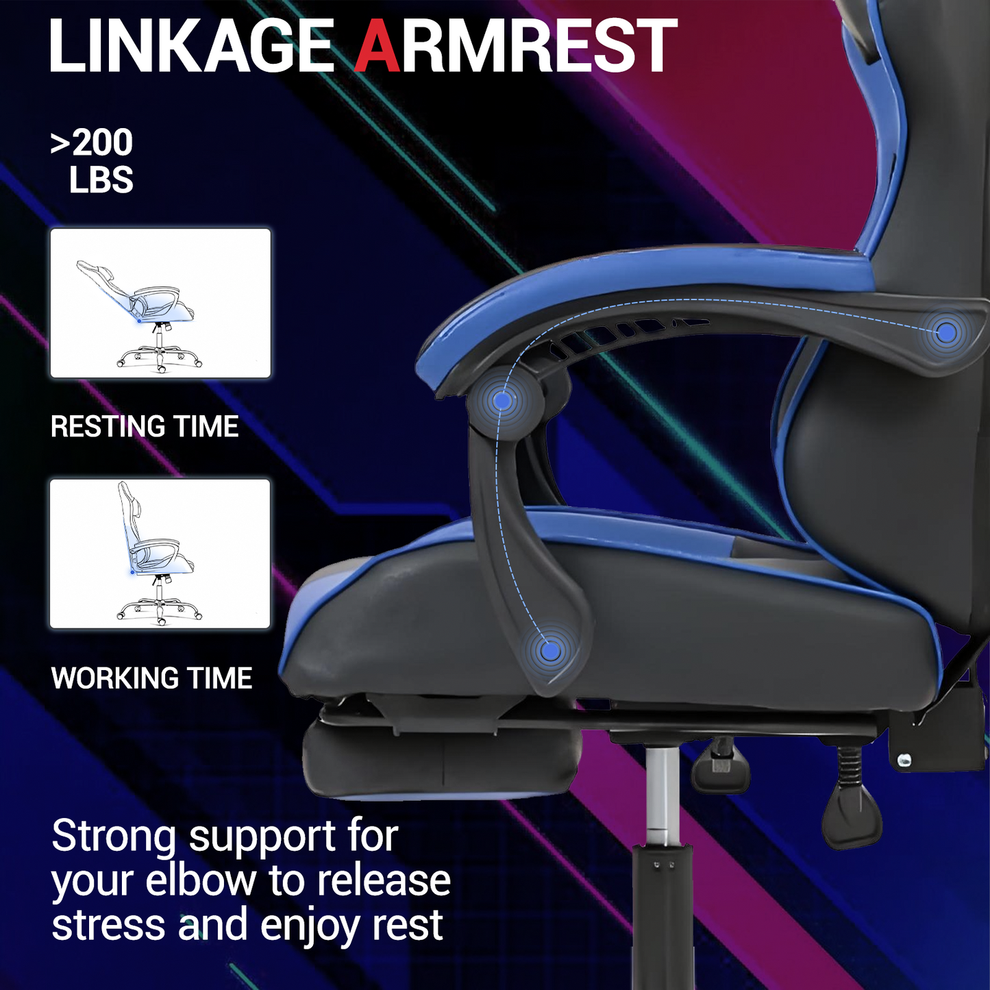 DELMANGO Ergonomic Reclining Gaming Chair with Linkage Armrests & Footrest, Racing Style Office Chair, PU Leather Computer Desk Chair, Blue
