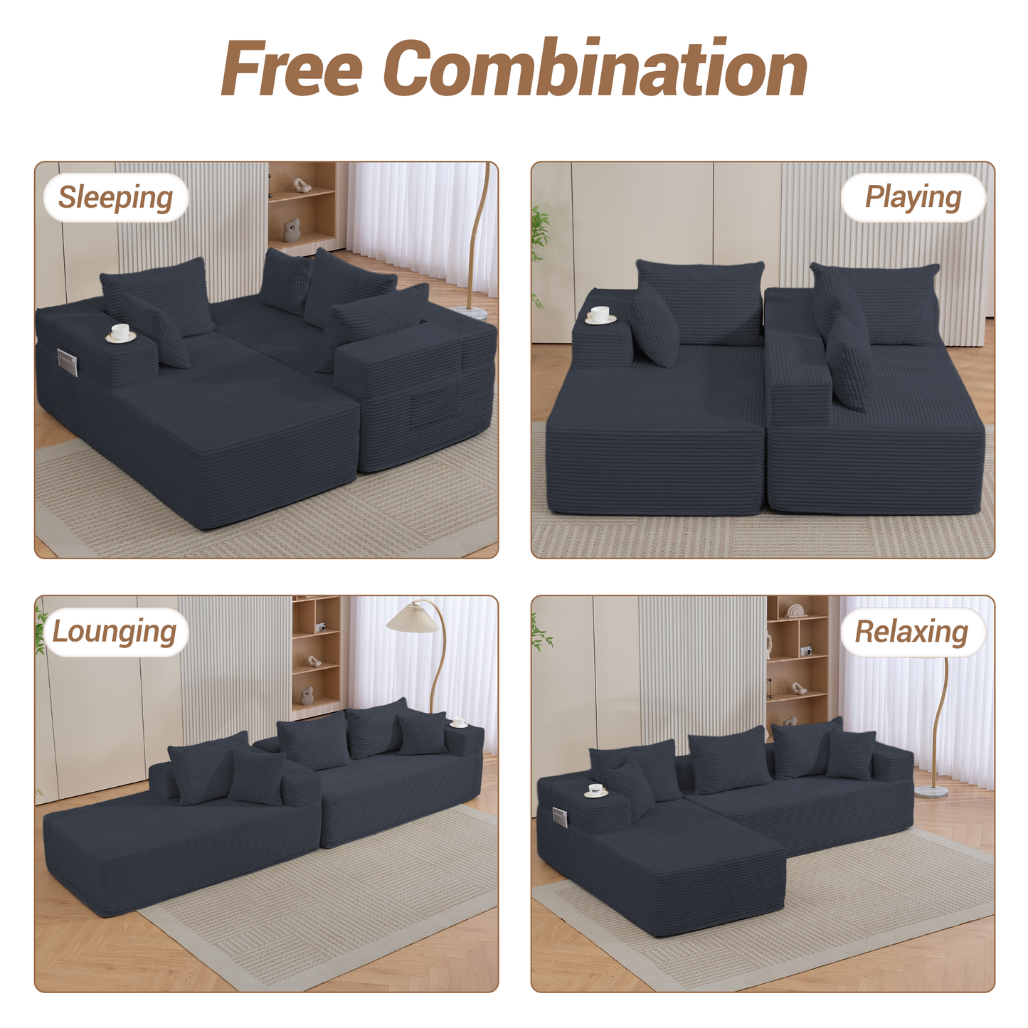 DELMANGO Modular Sectional Sofa with L-Shape Chaise, Corduroy Boneless Couch Set for Living Room, No Assembly Required, Black
