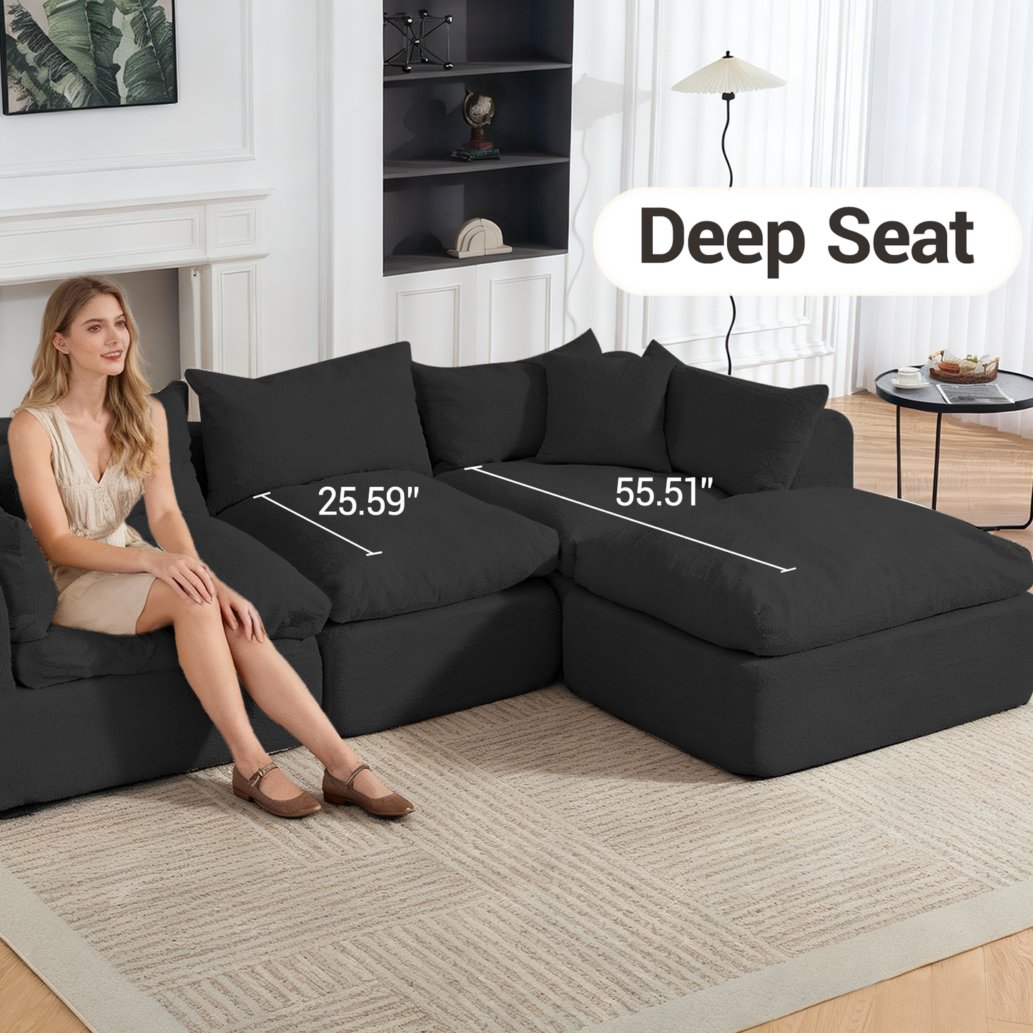 DELMANGO 113 Inch Modular L-Shape Cloud Velvet Sectional Couch, Boneless Convertible Sofa Set with Ottoman, No Assembly, Black