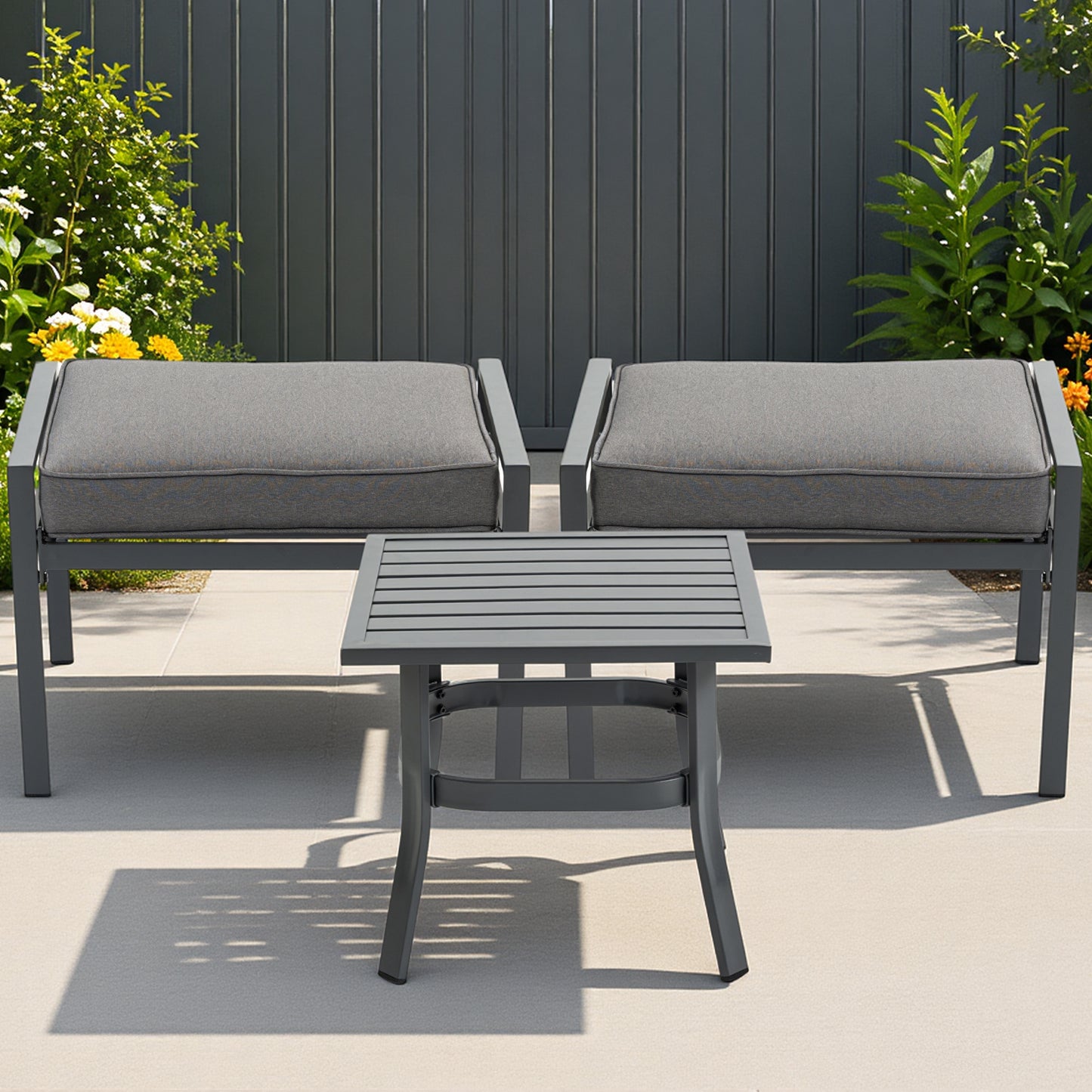 DELMANGO 1 PCS Outdoor Coffee Table, 2 PCS Footstools,for Garden/Backyard/Porch, Grey