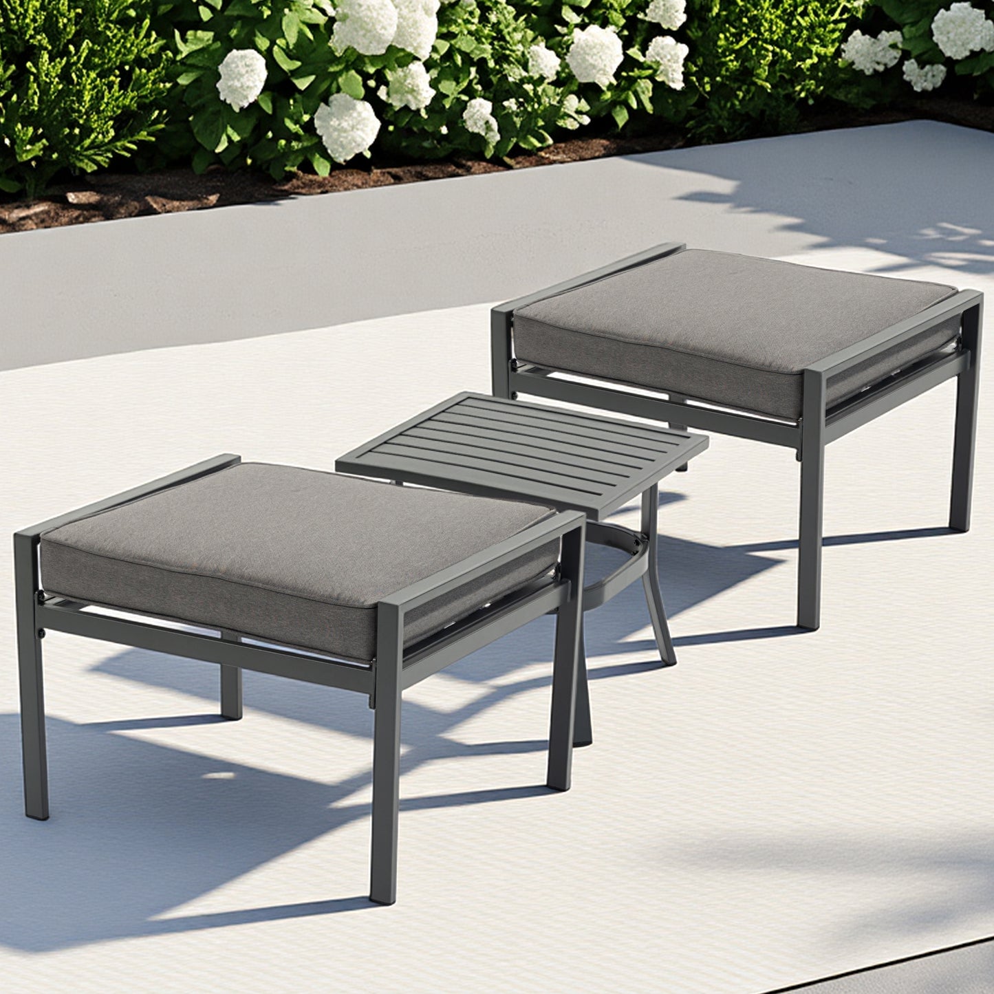 DELMANGO 1 PCS Outdoor Coffee Table, 2 PCS Footstools,for Garden/Backyard/Porch, Grey