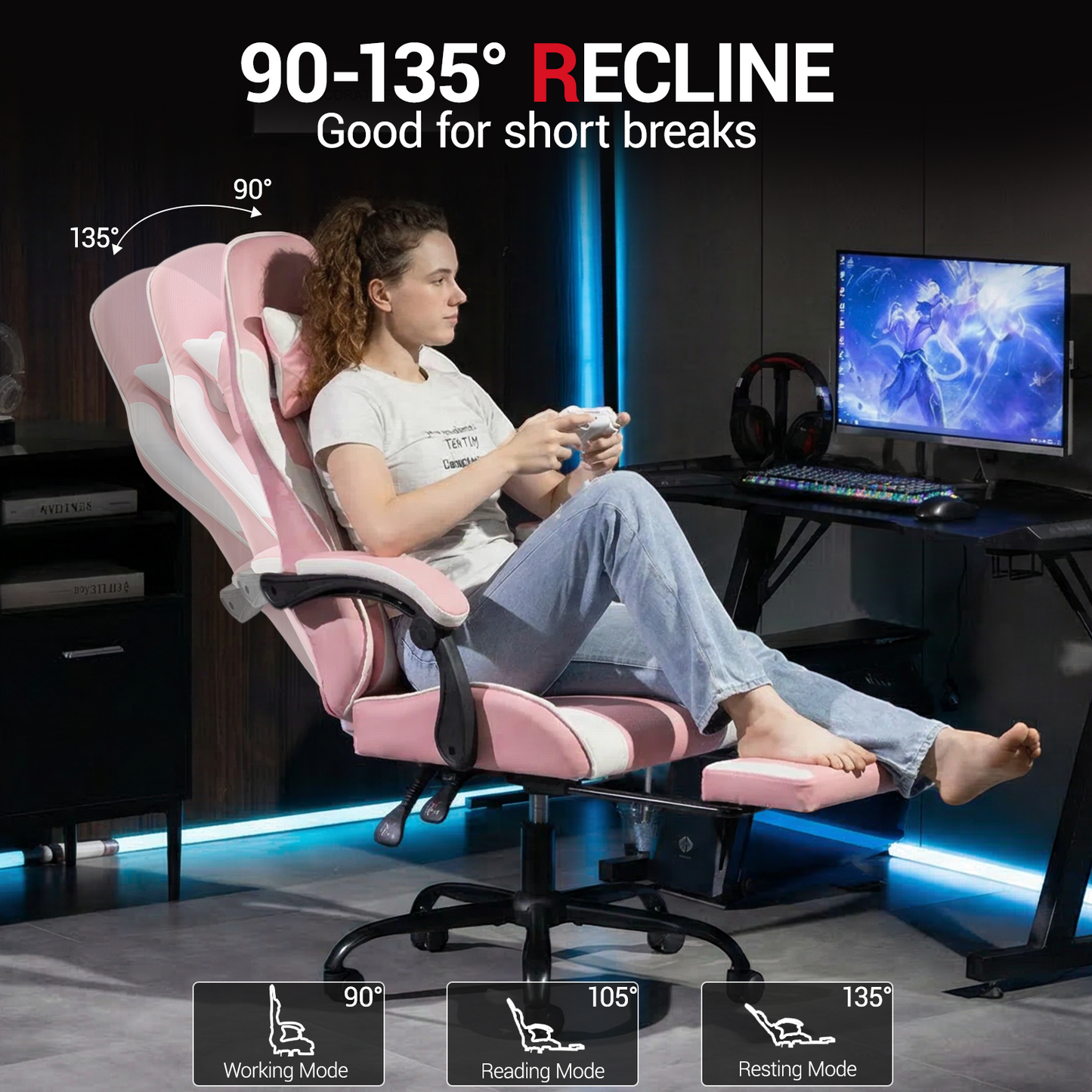 DELMANGO Ergonomic Reclining Gaming Chair with Linkage Armrests & Footrest, Racing Style Office Chair, PU Leather Computer Desk Chair, Pink