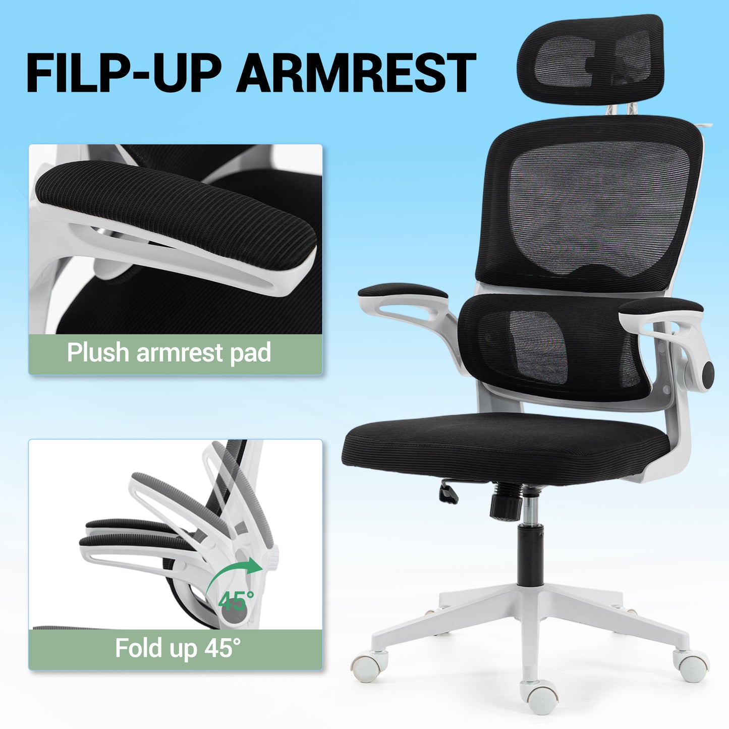 Delmango Office Chair, Ergonomic Desk Chair with Flip-up Arms, Coat Hook, Adjustable Headrest and Lumber Support, Mesh Computer Chair, 330 LBS, White