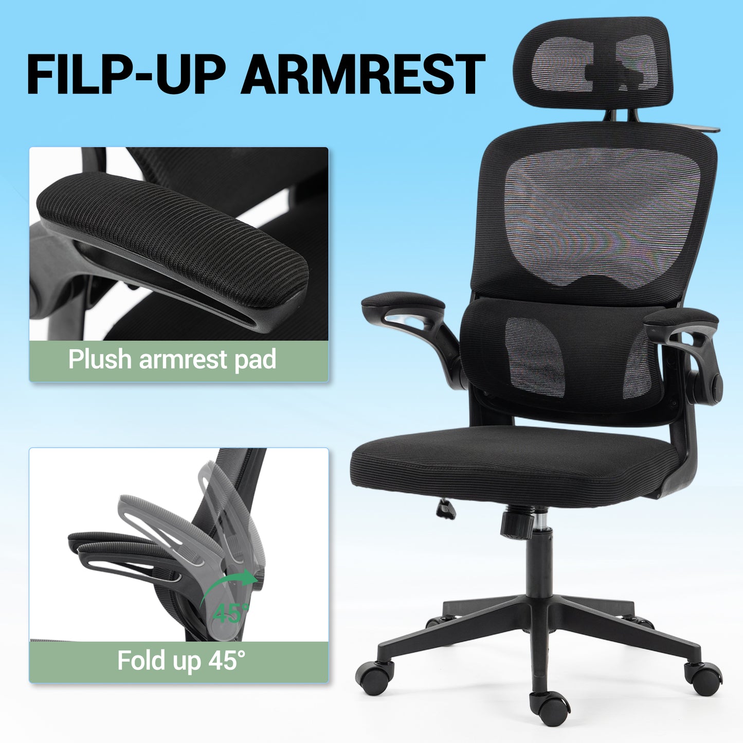 Delmango Office Chair, Ergonomic Desk Chair with Flip-up Arms, Coat Hook, Adjustable Headrest and Lumber Support, Mesh Computer Chair, 330 LBS, Black