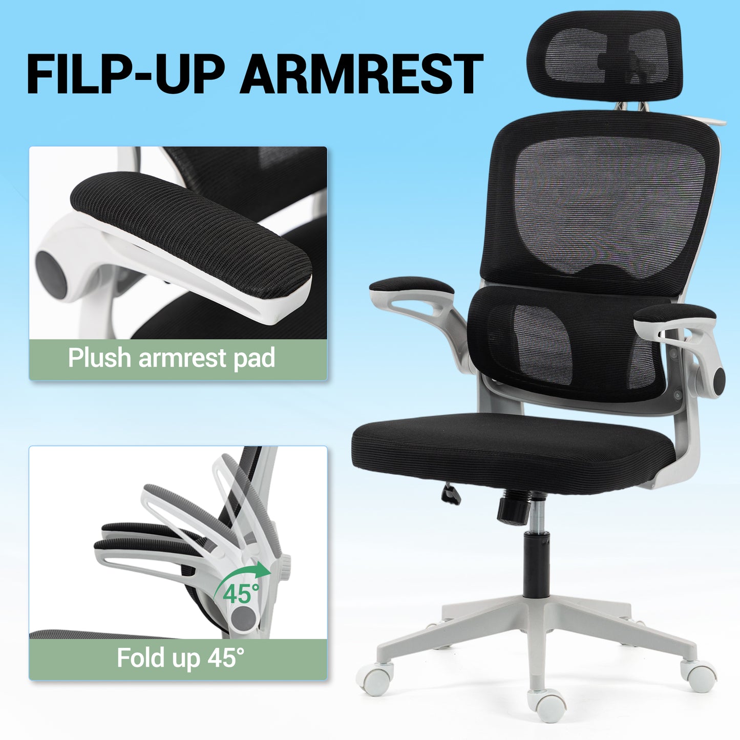 Delmango Office Chair, Ergonomic Desk Chair with Flip-up Arms, Coat Hook, Adjustable Headrest and Lumber Support, Mesh Computer Chair, 330 LBS, Gray