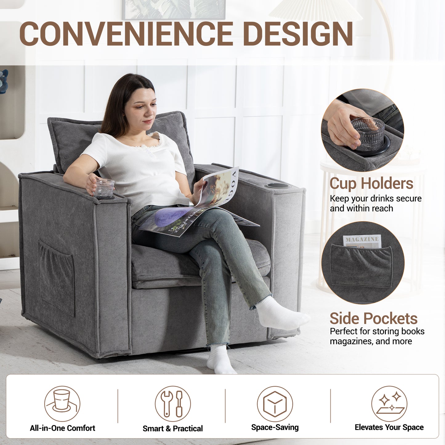 Delmango 32¡° Wide Swivel Accent Chair Set of 2, Comfy Couch with Cup Holders and Side Pockets, Modern Sofa Chair for Living Room, Bedroom, Corner, Gray