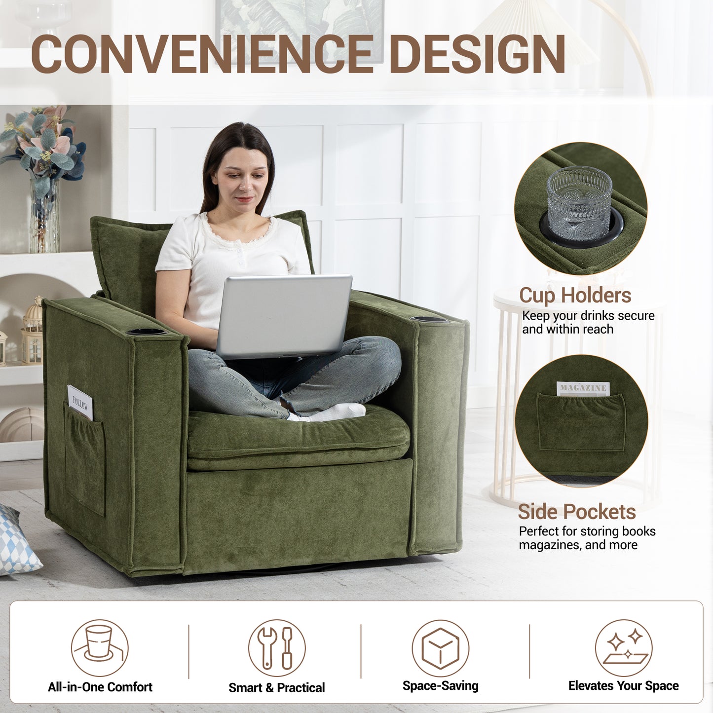 Delmango 32¡° Wide Swivel Accent Chair, Comfy Couch with Cup Holders and Side Pockets, Modern Sofa Chair for Living Room, Bedroom, Corner, Green