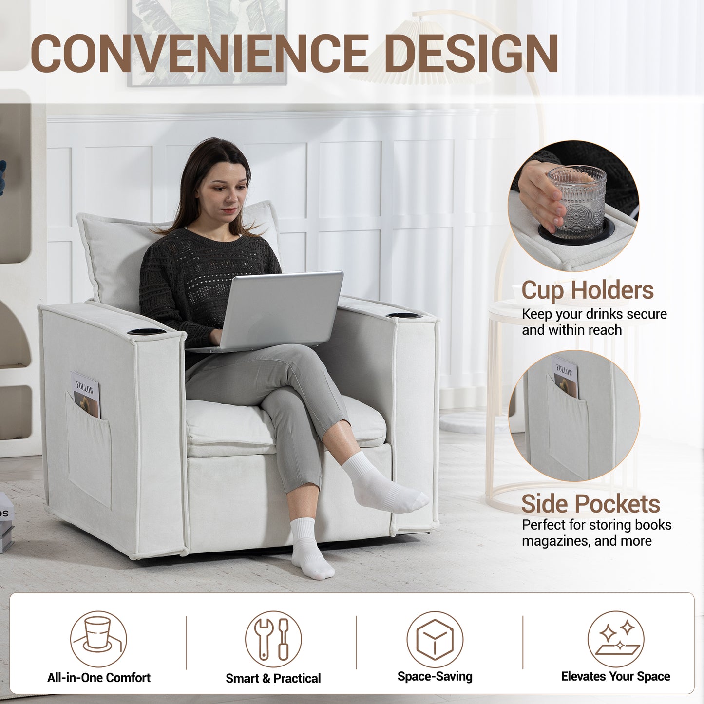Delmango 32¡° Wide Swivel Accent Chair Set of 2, Comfy Couch with Cup Holders and Side Pockets, Modern Sofa Chair for Living Room, Bedroom, Corner, Beige