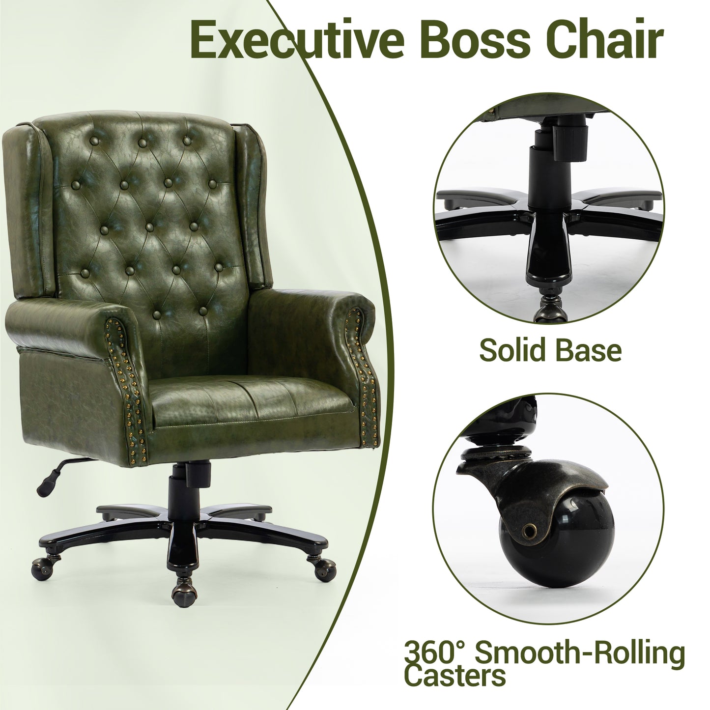 Delmango Vintage PU Leather Office Chair, Wingback Executive Desk Chair with Tufted Back & Nailhead Trim, Wide Seat Rolled Armrests Swivel Task Chair, Heavy Duty 330LBS for Home Office, Green