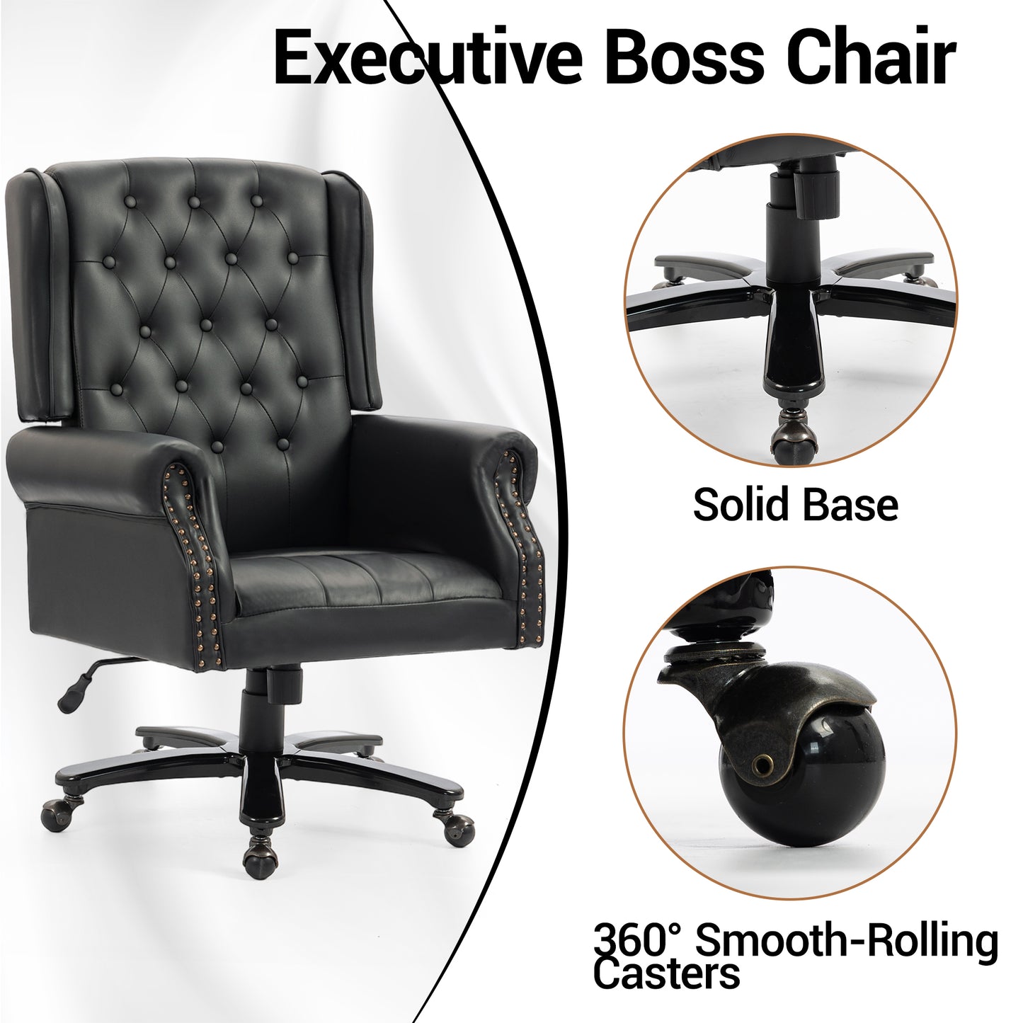 Delmango Vintage PU Leather Office Chair, Wingback Executive Desk Chair with Tufted Back & Nailhead Trim, Wide Seat Rolled Armrests Swivel Task Chair, Heavy Duty 330LBS for Home Office, Black