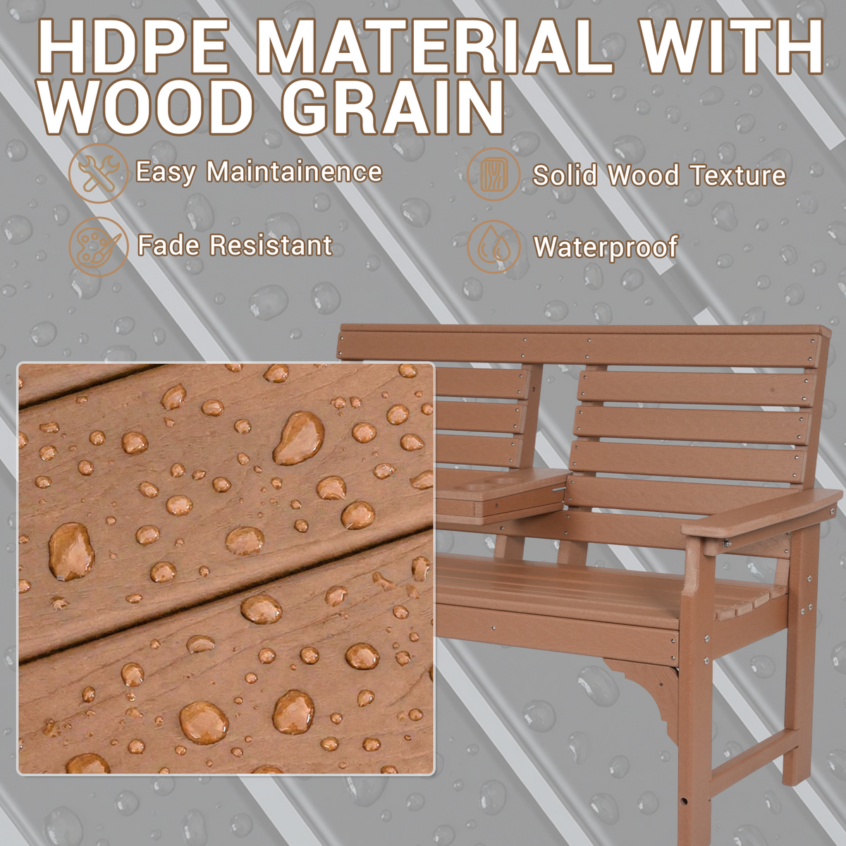 DELMANGO Outdoor Bench with Cup Holders, HDPE 2-Person Weatherproof Patio Benches, Fade/Rot Resistance, Garden Bench for Front Porch Backyard, Brown