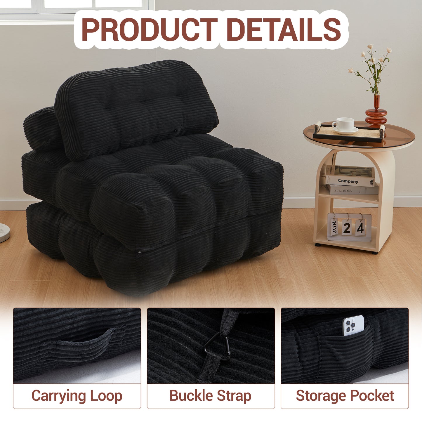 Delmango Folding Sofa Bed Convertible Futon Couch with Pillow for Adults and Kids BLACK