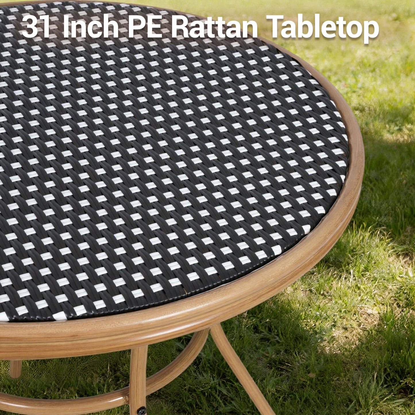 DELMANGO Round Outdoor Bistro Table with Matal Frame and Adjustable Foot Pads for Garden Balcony, Blue/White