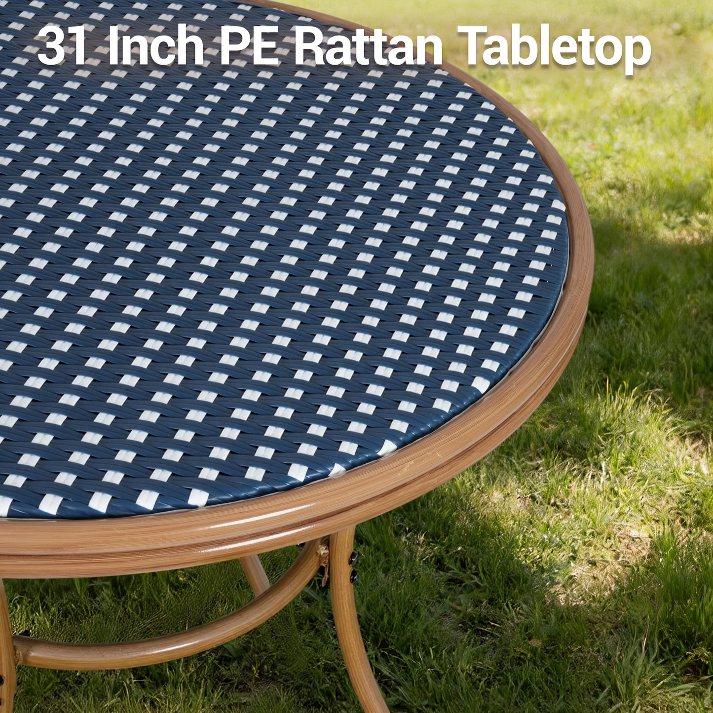 DELMANGO Round Outdoor Bistro Table with Matal Frame and Adjustable Foot Pads for Garden Balcony, Blue/White (Copy)