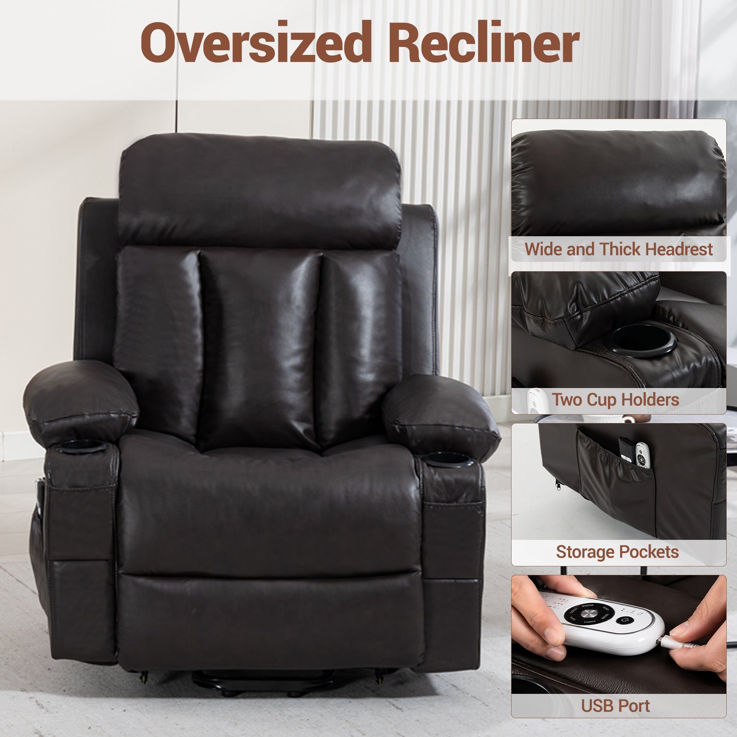 Delmango Faux Leather Recliner Chair with Push Back and Lumbar Support, Overstuffed Living Room Reclining Sofa, Brown
