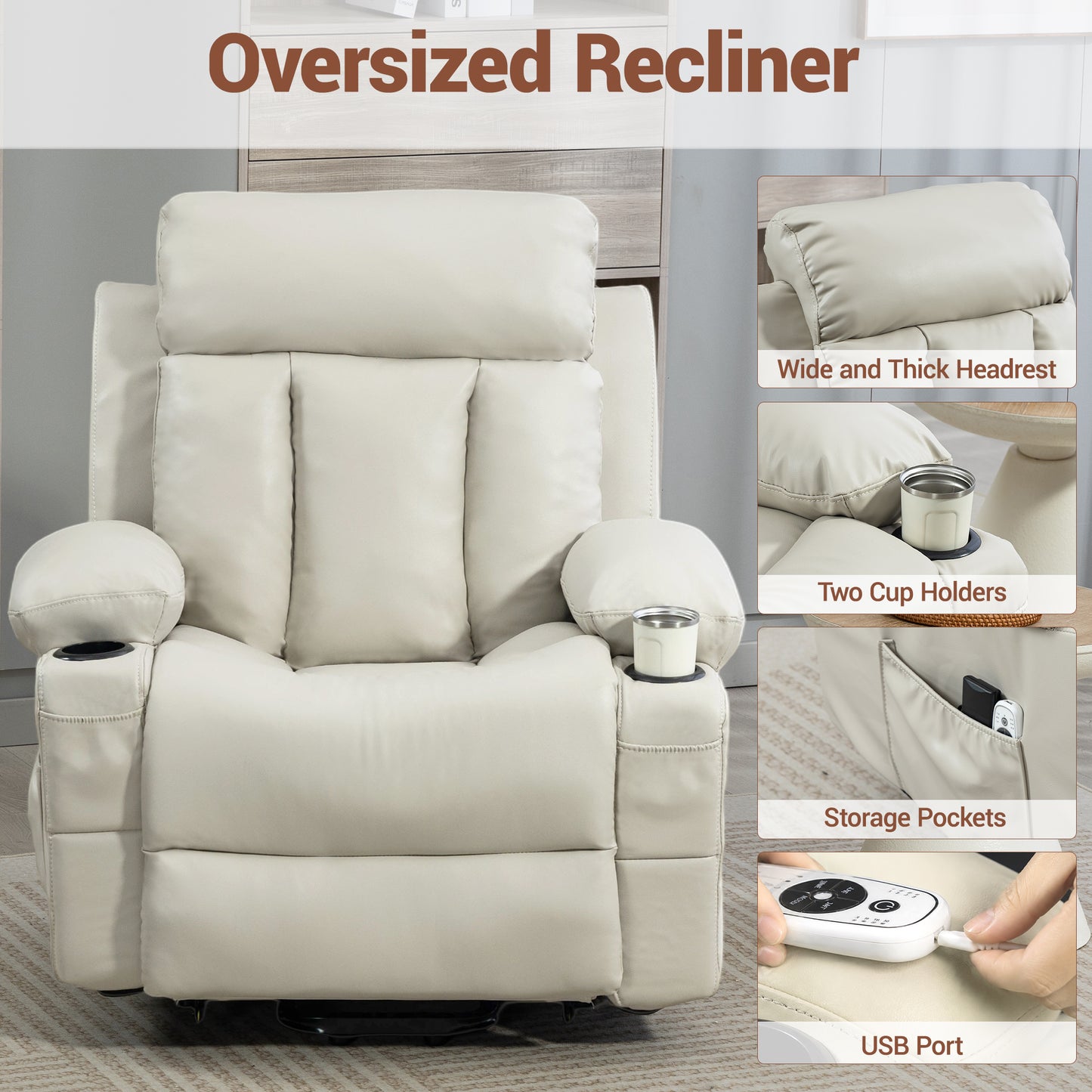Delmango Faux Leather Recliner Chair with Push Back and Lumbar Support, Overstuffed Living Room Reclining Sofa, Beige