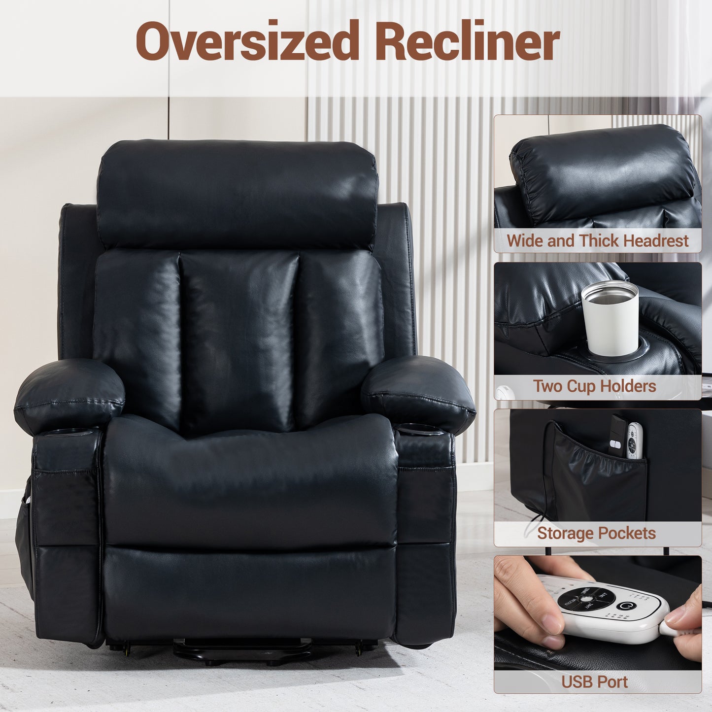 Delmango Faux Leather Recliner Chair with Push Back and Lumbar Support, Overstuffed Living Room Reclining Sofa, Black