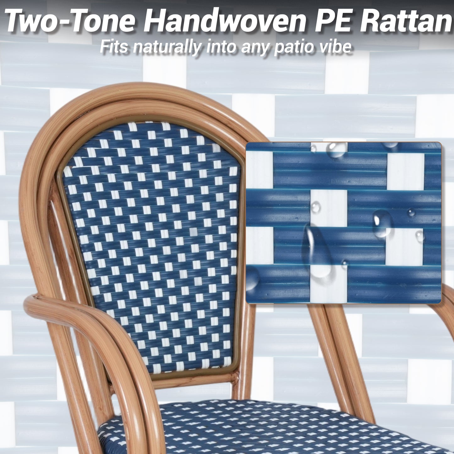 DELMANGO Metal & Faux Rattan Bistro Chair,Outdoor Arm Dining Chairs, Stackable Patio Chairs, Blue/Black (Set of 4)