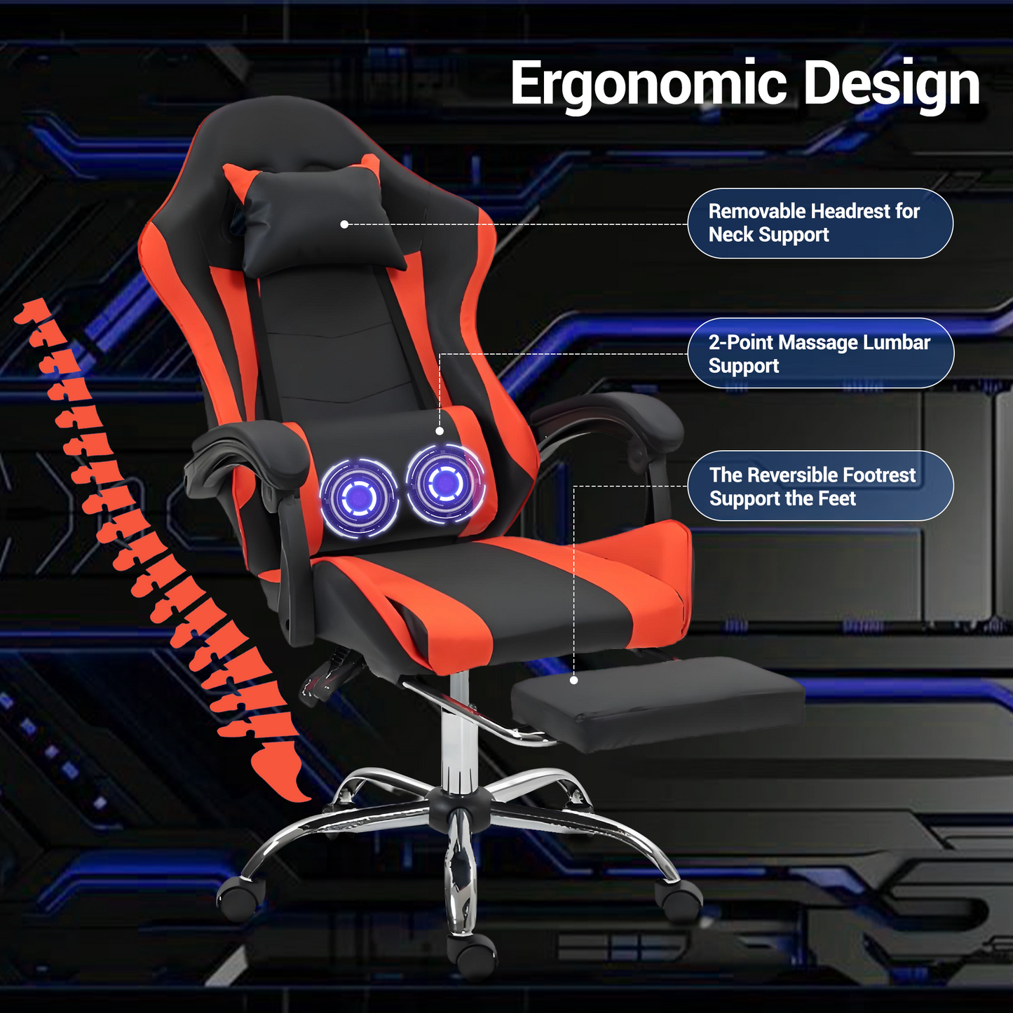 DELMANGO Massage Gaming Chair - Ergonomic Office Chair with Adjustable Headrest & Footrest, 90-135¡ã Recline & 360¡ã Swivel, Red