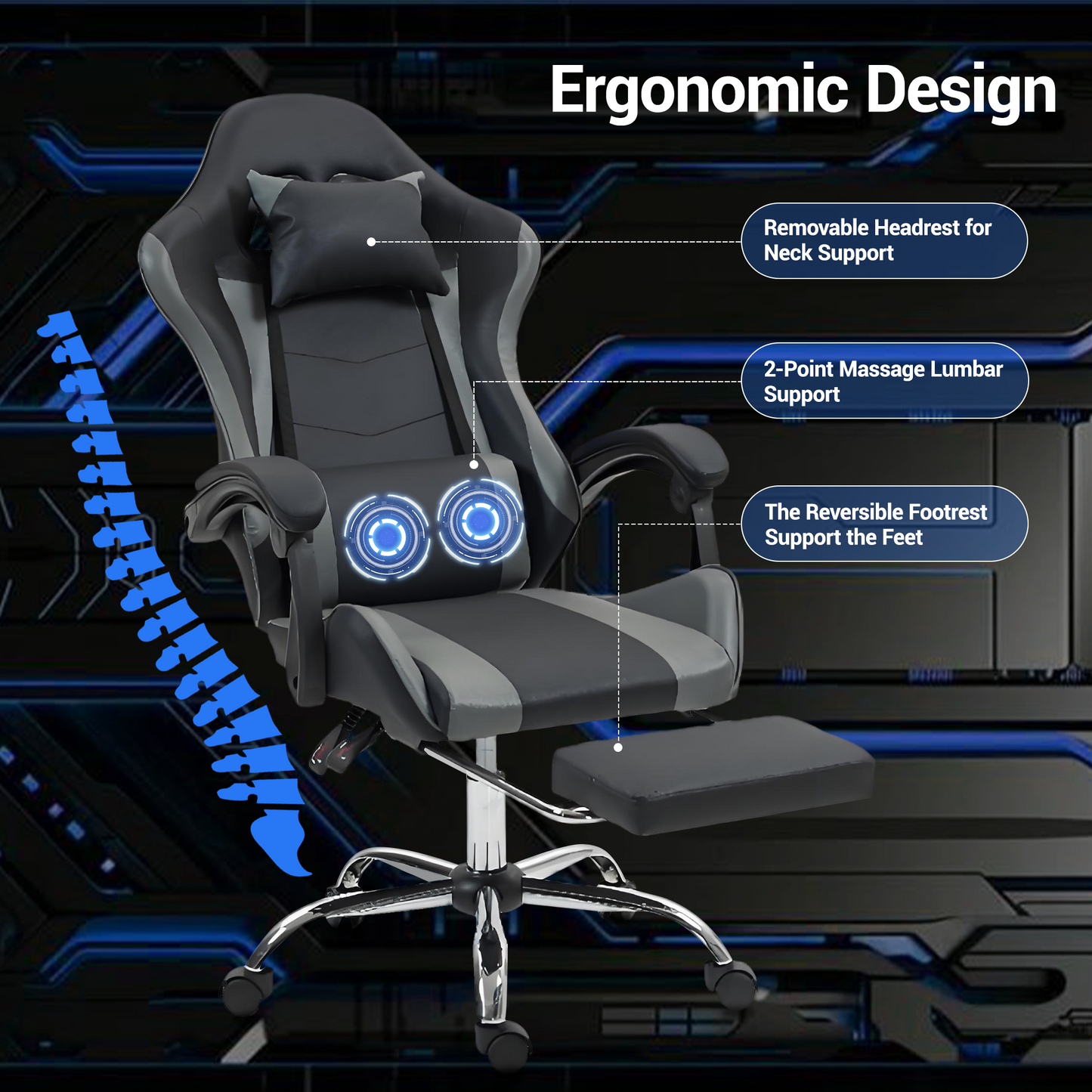 DELMANGO Ergonomic Video Game Chair with Massage Lumbar Support, Adjustable Headrest & Footrest, 90-135¡ã Recline & 360¡ã Swivel, Grey